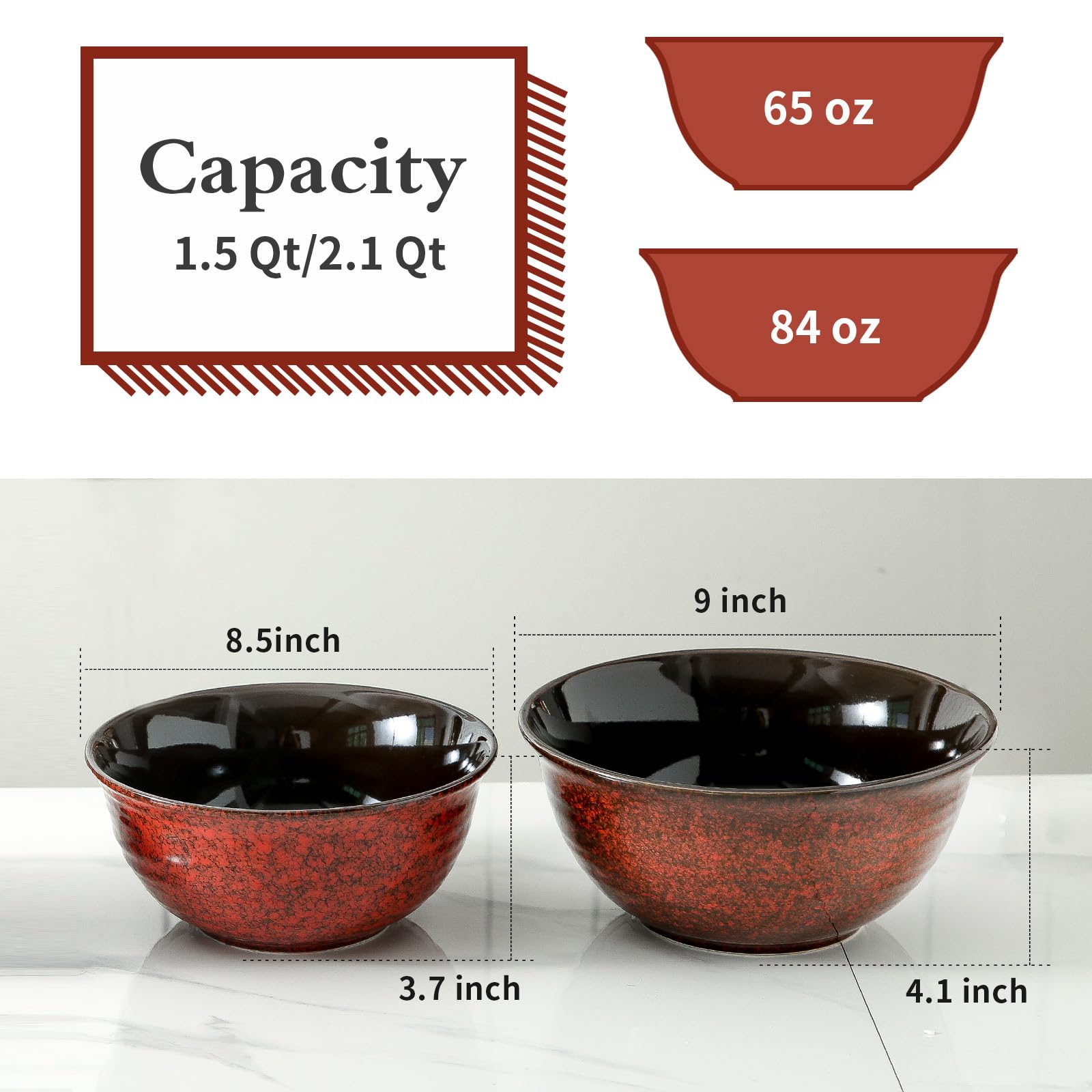 Hasense Porcelain Mixing Bowls Set, Red Marbled Soup Bowls,Large Serving Bowls for Salad, Pasta, Fruit, Pho, Ramen, 2.1/1.5 Qt, Dishwasher & Microwave Safe