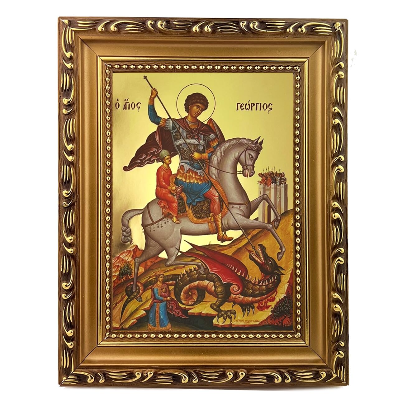 Needzo Saint St George Icon Authentic Greek Orthodox Byzantine Icon Gold Foil Framed - Wall Hanging and Sanding 7 3/4 Inch, Religious Gift