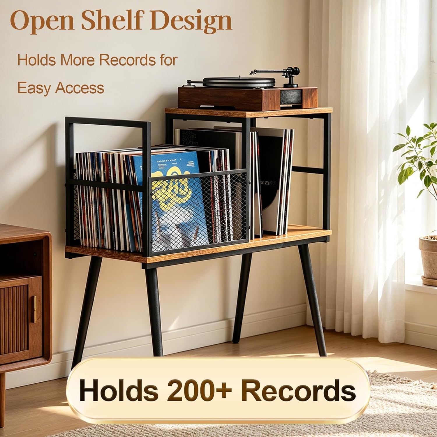 Record Player Stand with Vinyl Record Storage, Holds Up to 200 Albums, Record Storage Cabinet & Record Stand, Vintage Industrial Turntable Stand with Adjustable Feet for Living Room