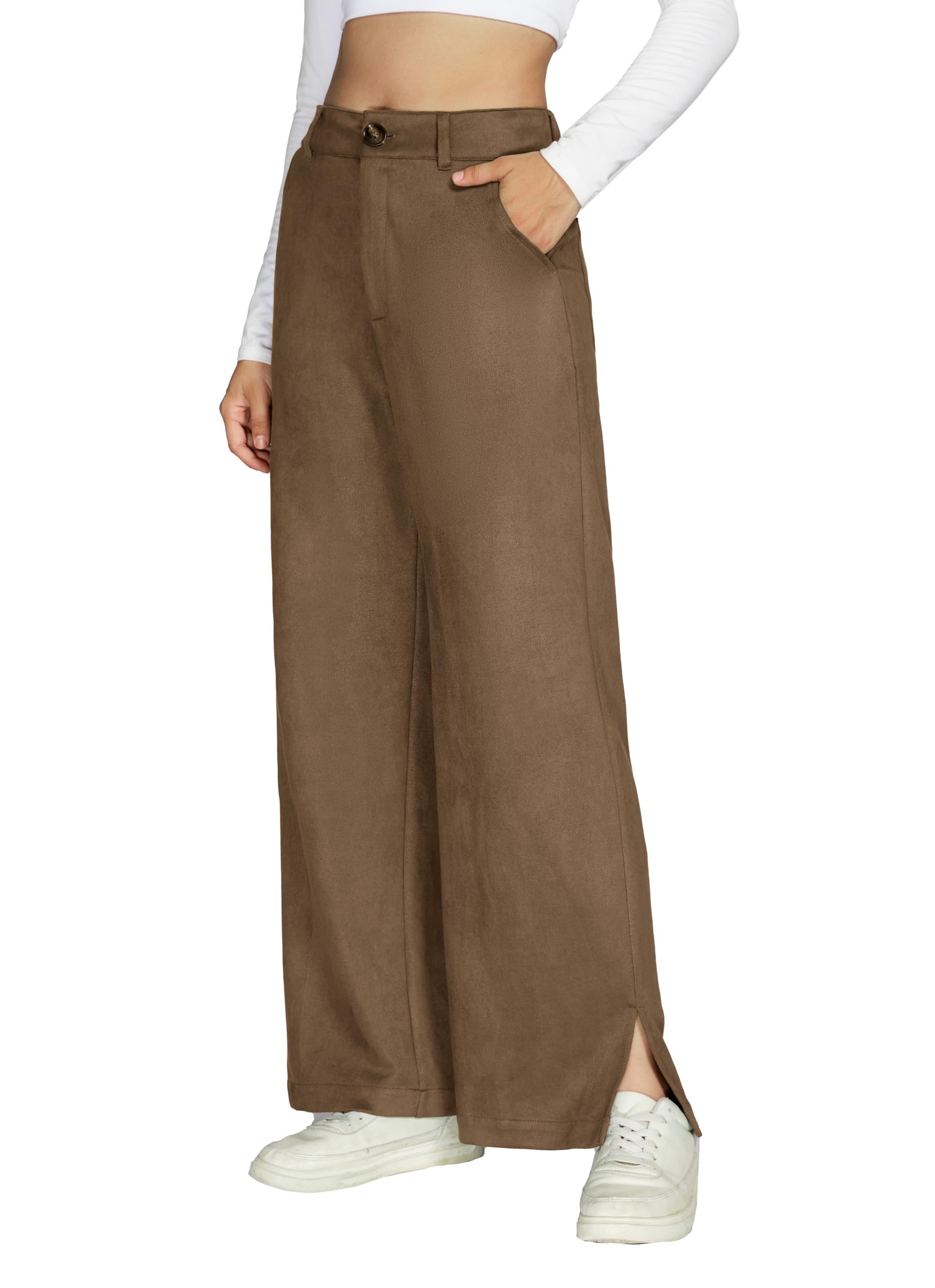 Ladyful Faux Suede Wide Leg Pants for Women Stretchy High Waisted Casual Side Split Leather Pant Trouser