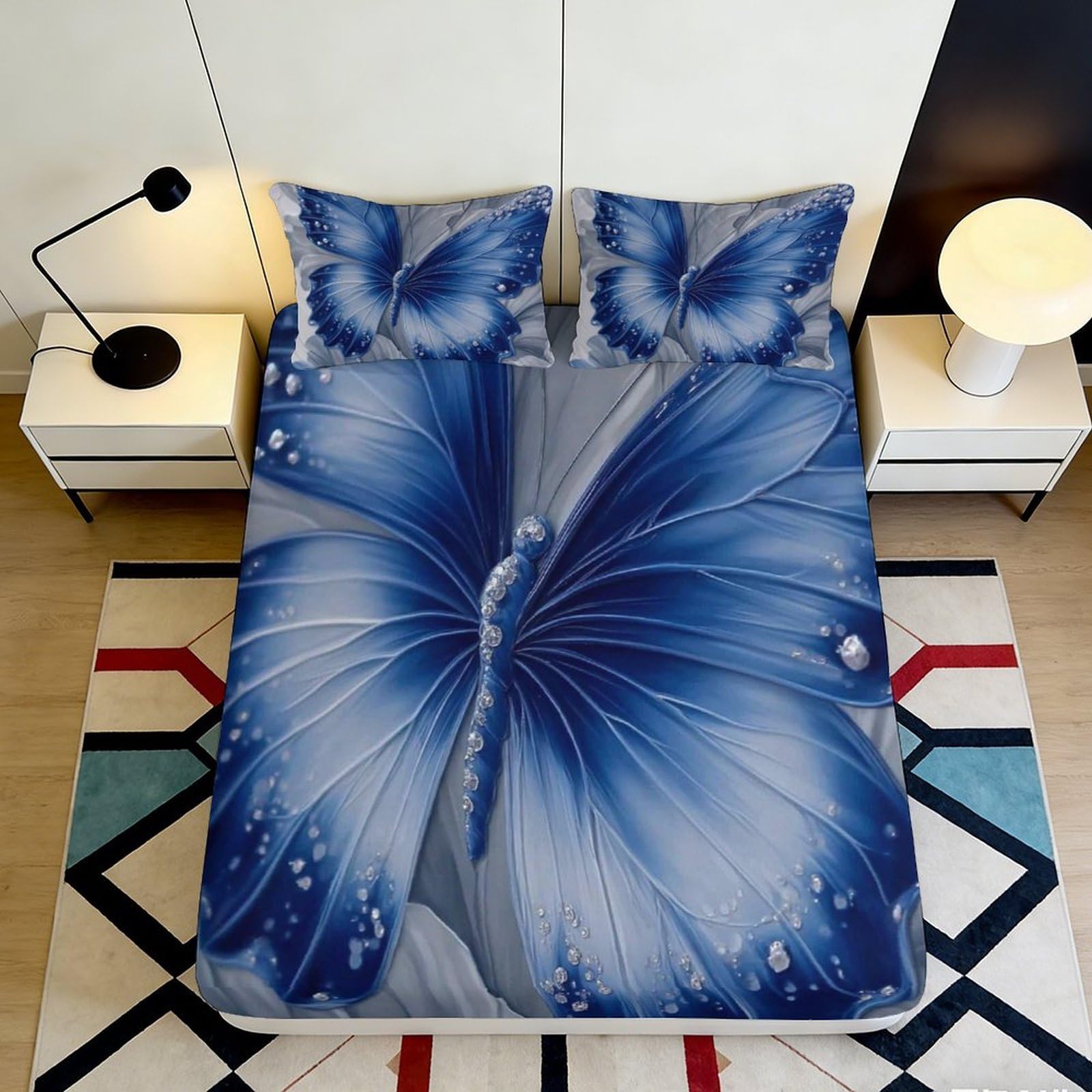 3D Printed blue butterfly Fitted Sheet for bedroom, soft touch Microfiber, wrinkle resistant, stylish room accent, apartment bedding, anti-slip 90x200x25cm