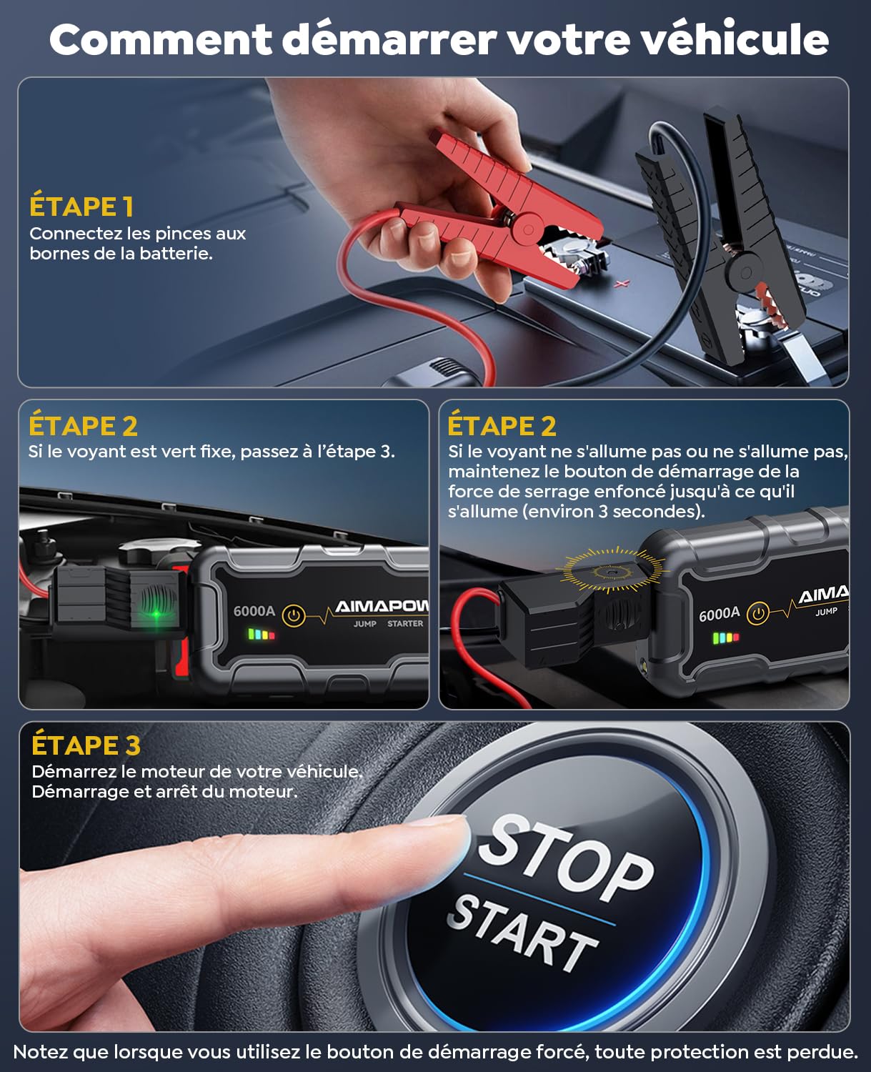 AIMAPOW Booster Batterie Voiture 6000A, Démarreur de Voiture 12V (Jusqu’à Tout Gas ou 10.0L Diesel), Booster de Batterie, Jump Starter Portable avec Pinces de Sûreté Intelligentes, Lampe LED (A20)