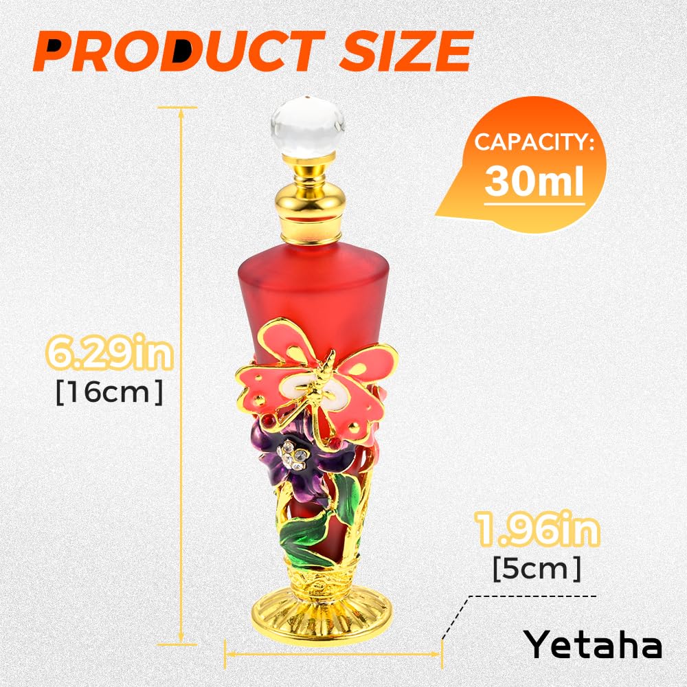 Yetaha Fancy Luxurious Glass Refillable Perfume Bottles, Flower Butterfly Decorative Essential Oil Bottle for Living Room Bedroom Decor Birthday Gift(30ML, Red)