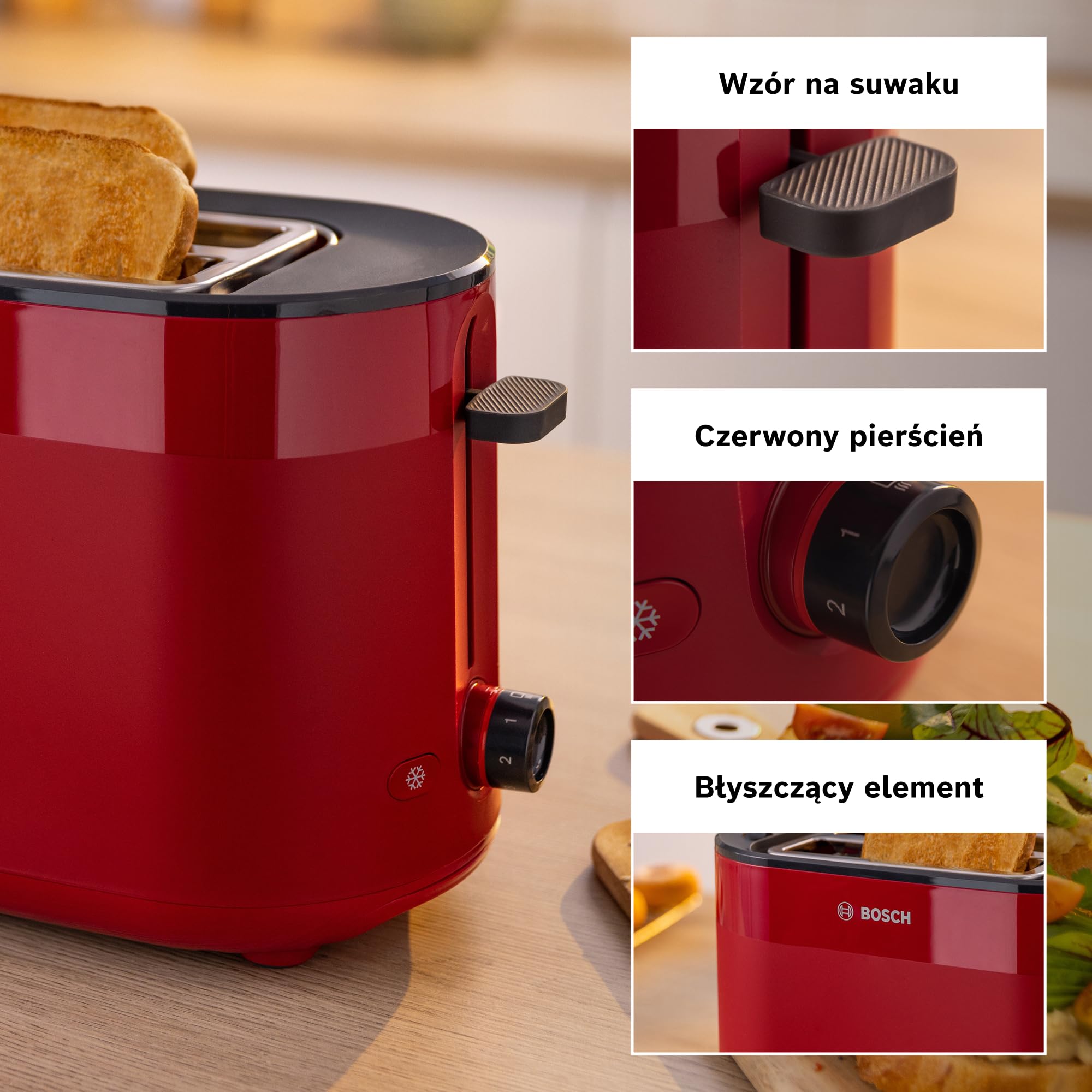 Bosch, toster, MyMoment, pojemnik na 2 kromki, podgrzewanie, rozmrażanie, ruszt na bułki, funkcja wysokiego podnoszenia, automatyczne wyłączanie, czerwony, TAT2M124