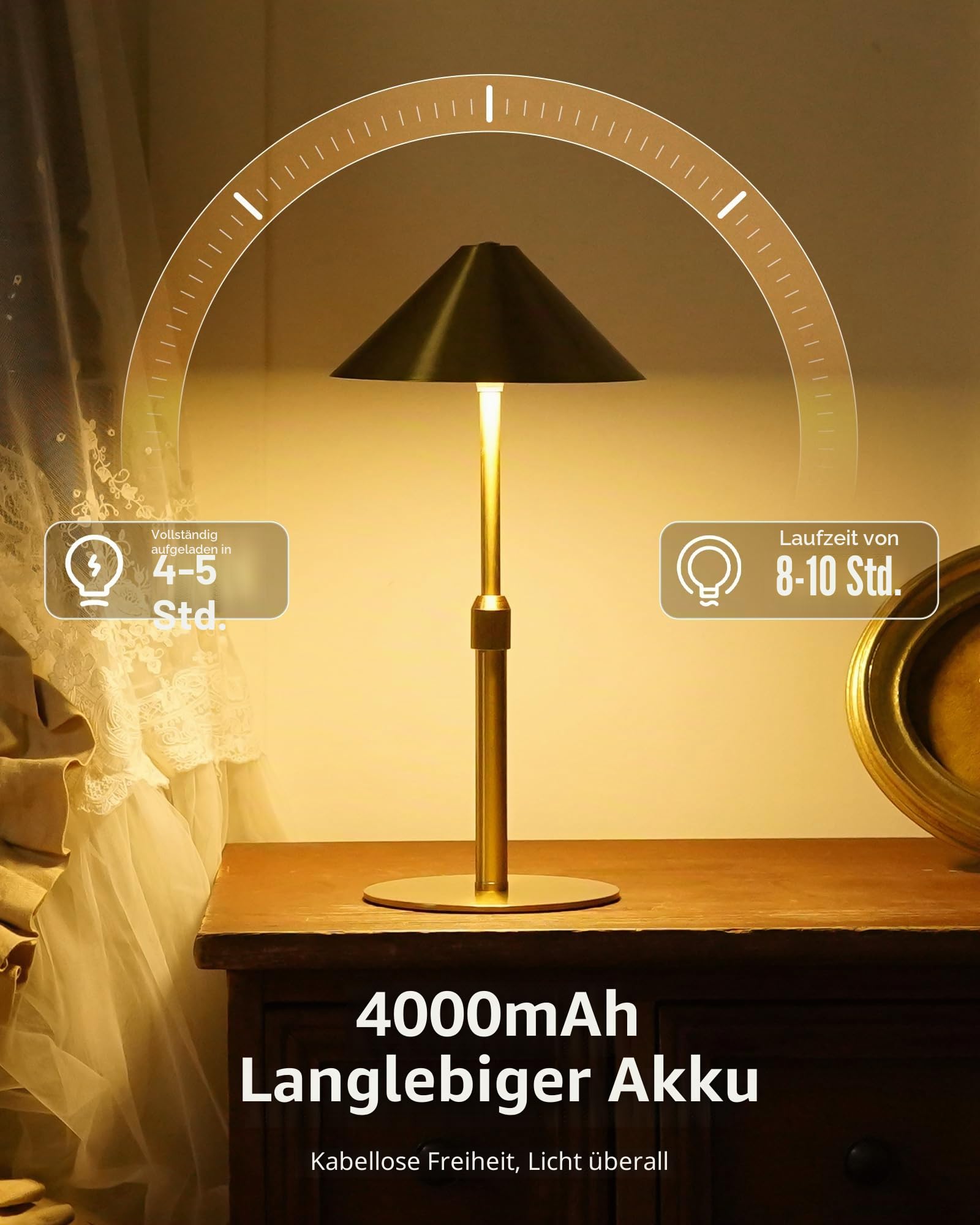 Tischlampe kabellos LED Akku Tischleuchte 2er Set aus Metall – Höhenverstellbar, IP54 Wasserfest, 3000K–6000K, USB-C aufladbar für Schlafzimmer, Balkon, Outdoor & Deko, Gold