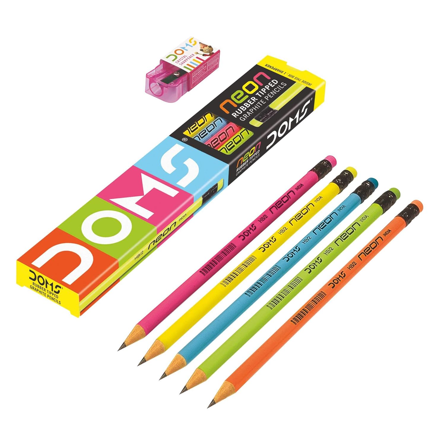 DOMS Neon Rubber Tipped HB/2 Graphite Pencils Box Pack NonToxic
