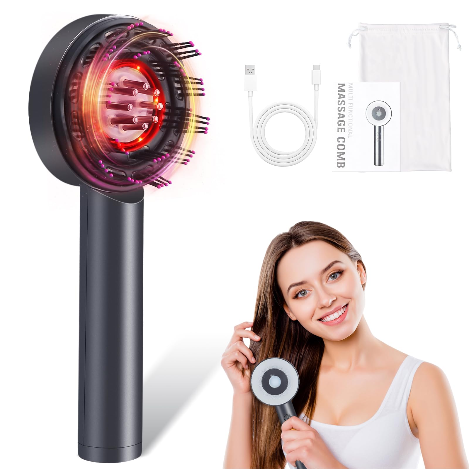 Focenat Cepillo Eléctrico de Masaje del Cuero Cabelludo, Aplicador de Aceite para Cabello 2 En 1, Cepillo Masajeador de Cabello con Luz Roja, Peine de Masaje, para Aliviar Fatiga & Nutrir Cabello