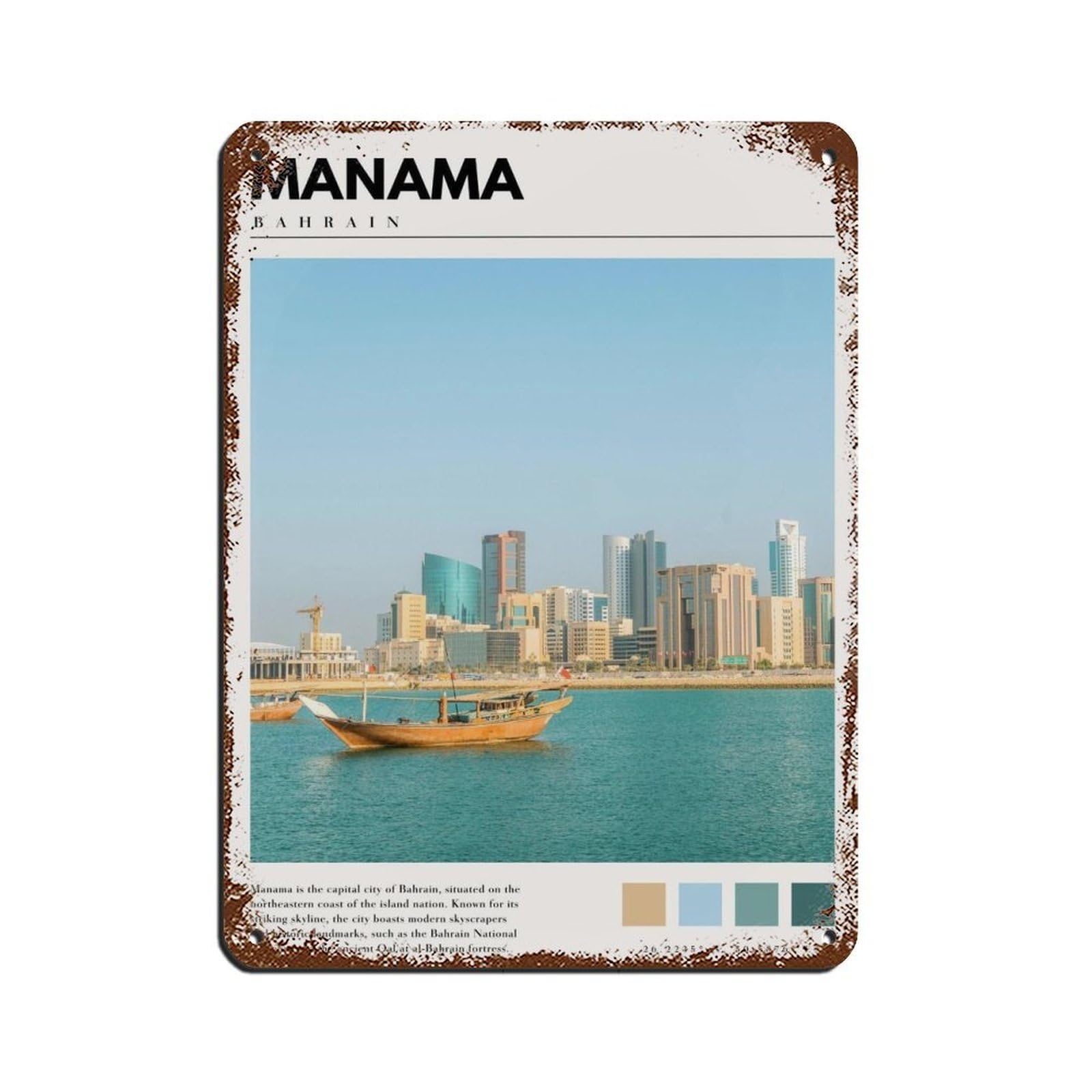 Manama Bahrain Poster Manama Art Tin Sign Vintage Metal Pub Club Cafe Bar Home Wall Art Decoration Poster Retro 12x16inch(30x40cm)