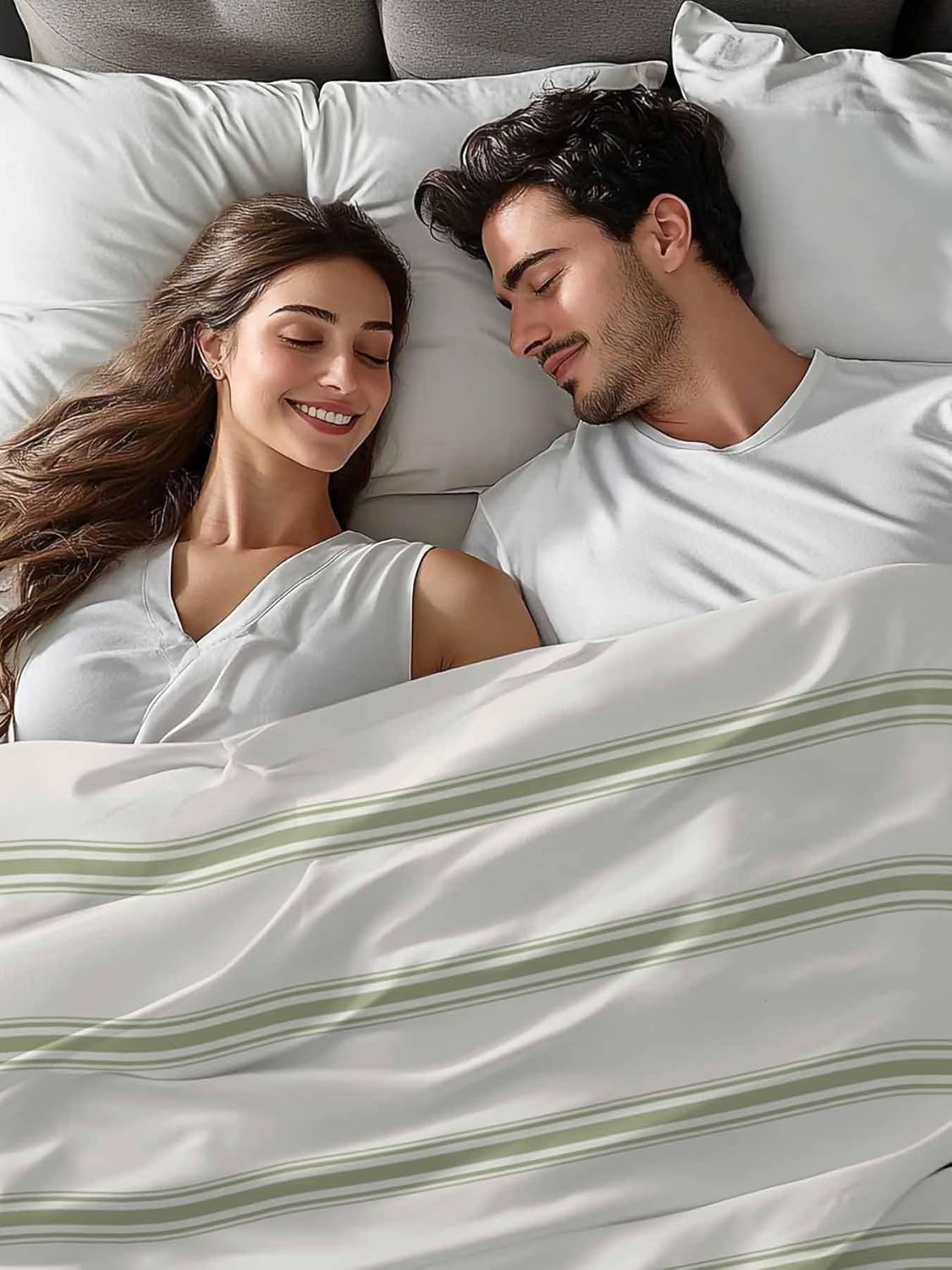 Queen Flat Sheet Top Sheet Only, Sage Green Stripe Minimalist Art Soft Microfiber Breathable Bed Sheets, Modern Geometric Pinstripes Hotel Luxury Bedding Flat Sheets