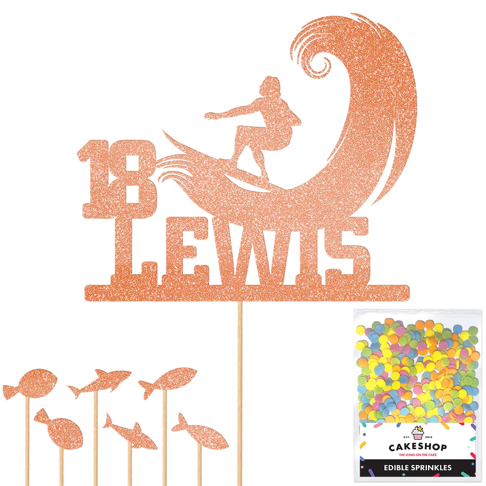 Personalised Surfer Wave Surfing Glitter Cake Topper Rose Gold Any Custom Age & Name Glitter Cake Decoration and Sprinkles - Happy Birthday Decorations - Personalised Toppers for Cakes by Cakeshop