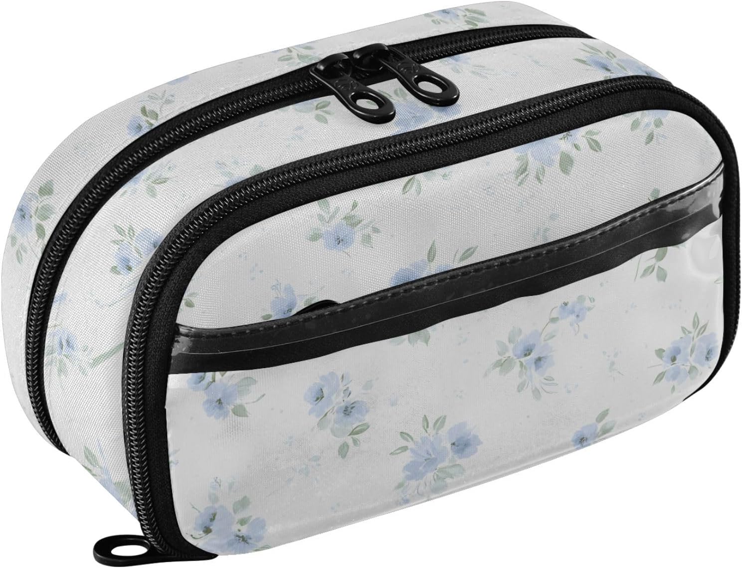ALAZA Blue Flowers Small Floral White Large Capacity Pencil Case, Aesthetic Stationery Organizer Bag with Clear PVC Window, High Capacity Pen Pouch with Dividers for School Office Travel