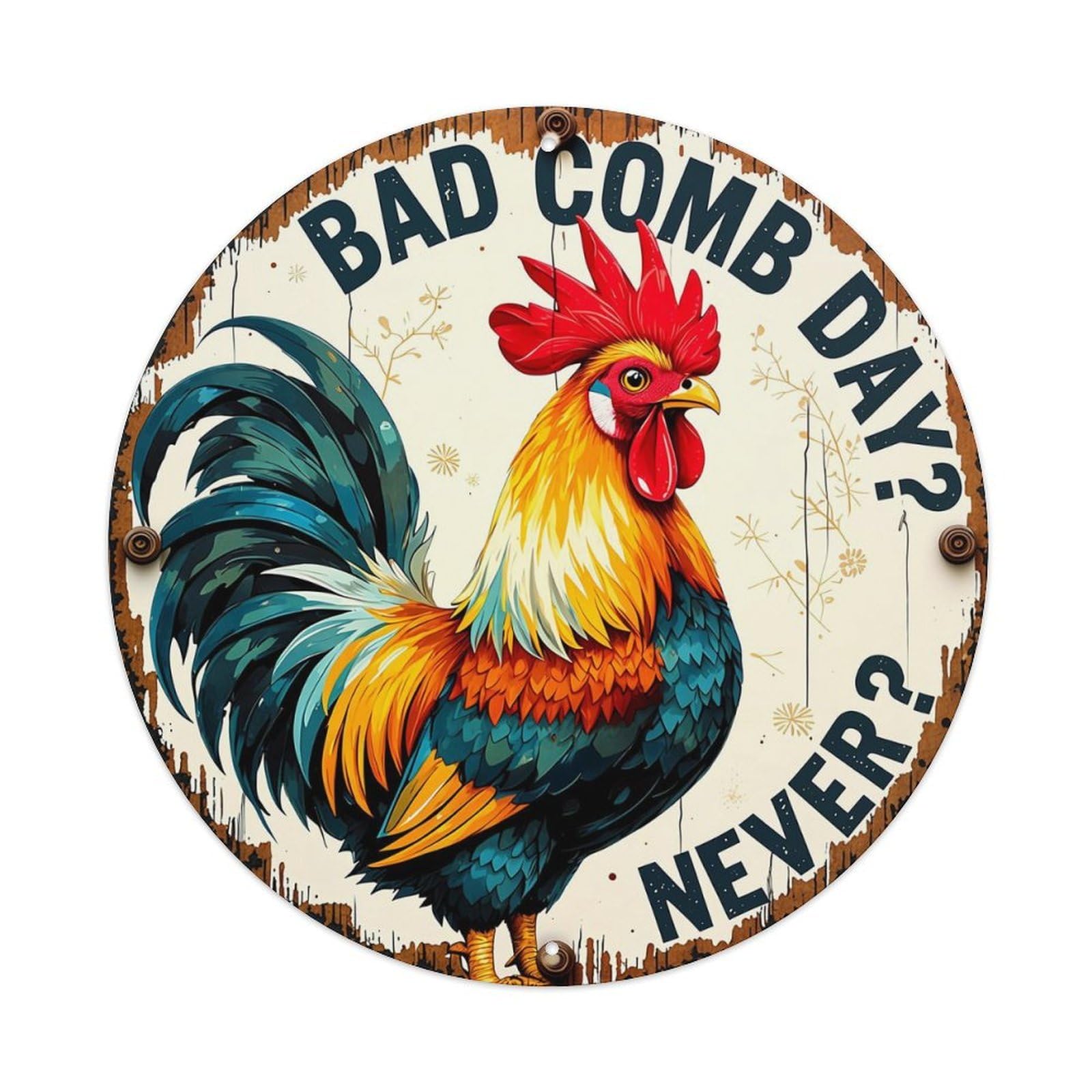 Jdyaojiesheng Vintage Rooster With Colorful Feathers And Red Comb Round Tin Sign Retro Metal Wall Decor Metal Poster, Home Bar Garage Farmhouse Cafe Wall Art Decoration 8X8inch
