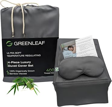 GREENLEAF Queen Duvet Cover Set, 4-Piece | Ultra-Soft 100% Viscose Derived from Bamboo Comforter Set | Organically Grown | 8 Corner/Side Ties with 2 Pillowcases & Eye Mask | No Insert, Charcoal Grey