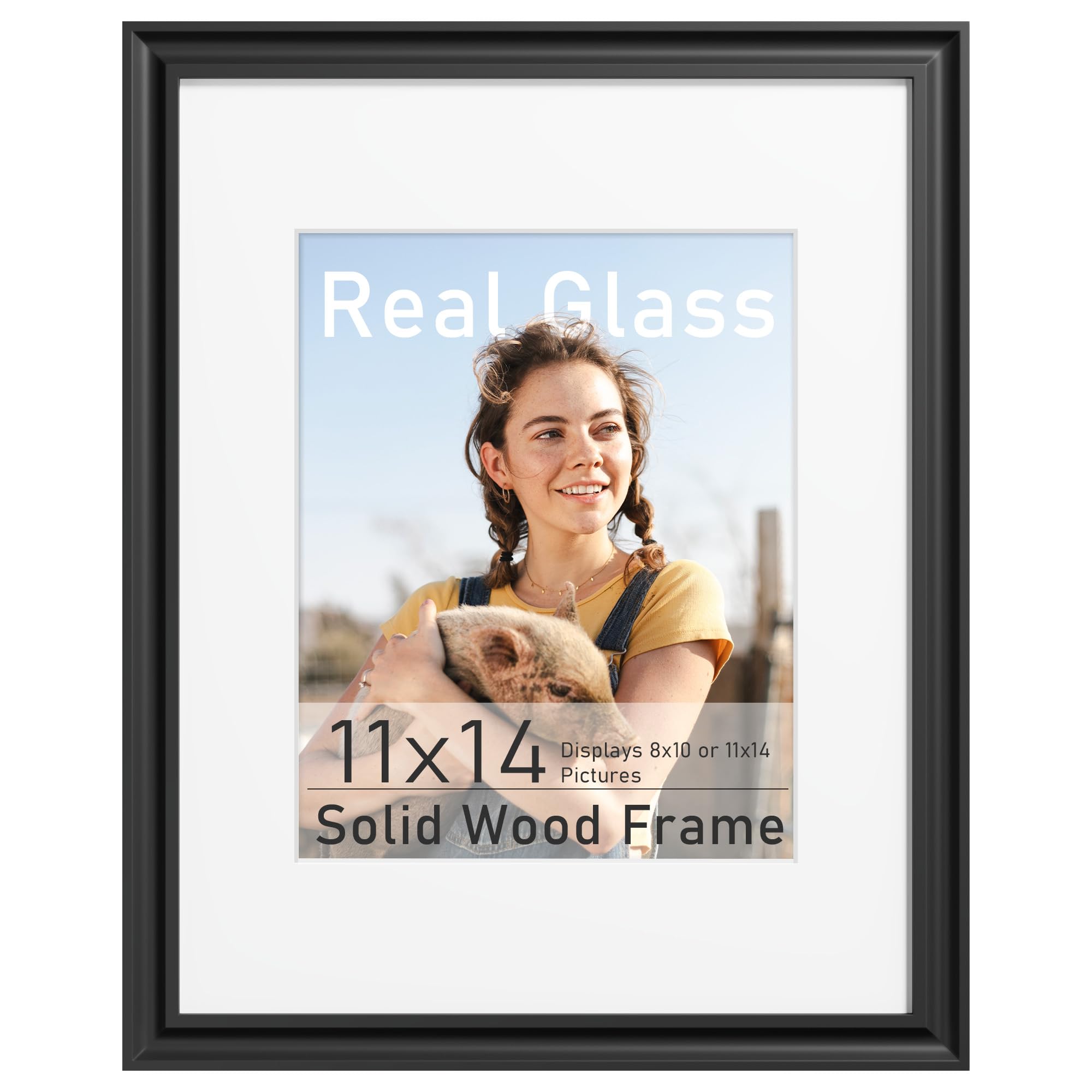 Abtgt 11x14 Picture Frame, Solid Wooden Picture Frame, with HD Tempered Glass and Black Backboard, Display 8x10 with Mat or 11x14 Without Mat, Wall or Tabletop, Black, 1 Pack