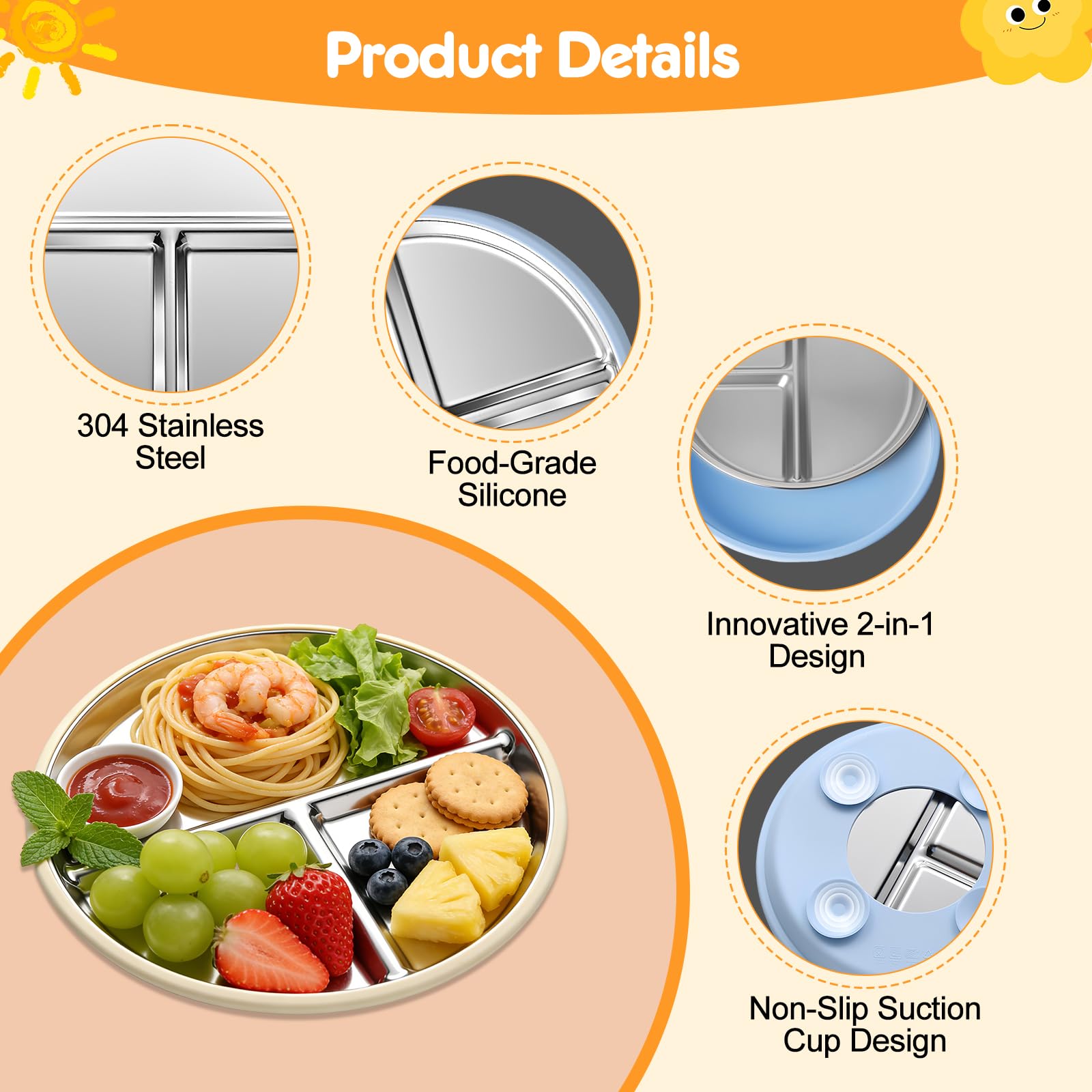 2 Assiettes En Acier Inoxydable Avec Ventouse Pour Bébé Et Set De 2 Cuillères Et Fourchettes, Ustensiles Pour Bébé, Assiettes Divisées Pour L'Alimentation Autonome