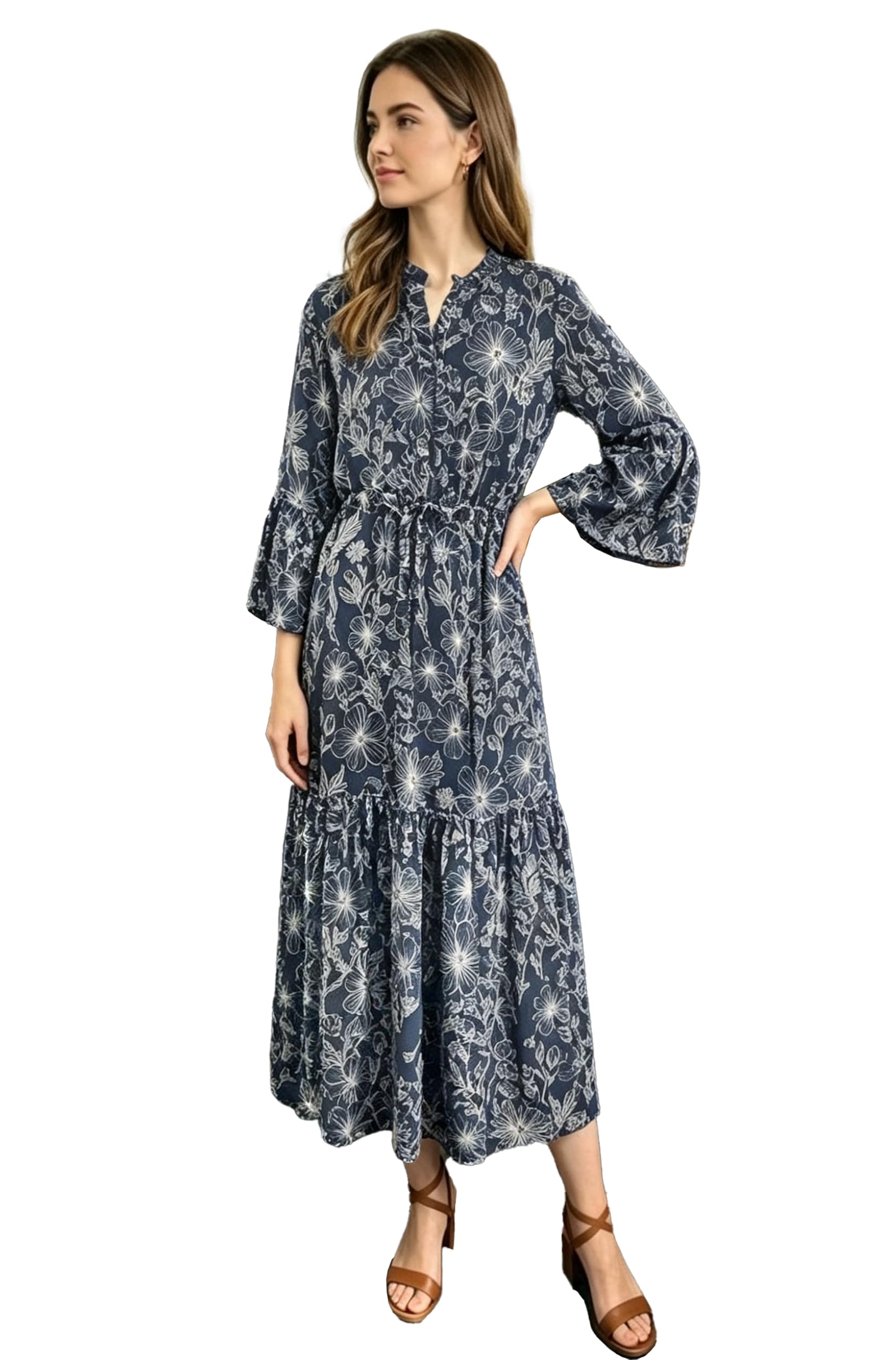 Vestito Midi Donna in Viscosa, Abito a Fiori con Maniche 3/4 | Realizzato in Italia, offre una vestibilità morbida e confortevole con pratica vita regolabile