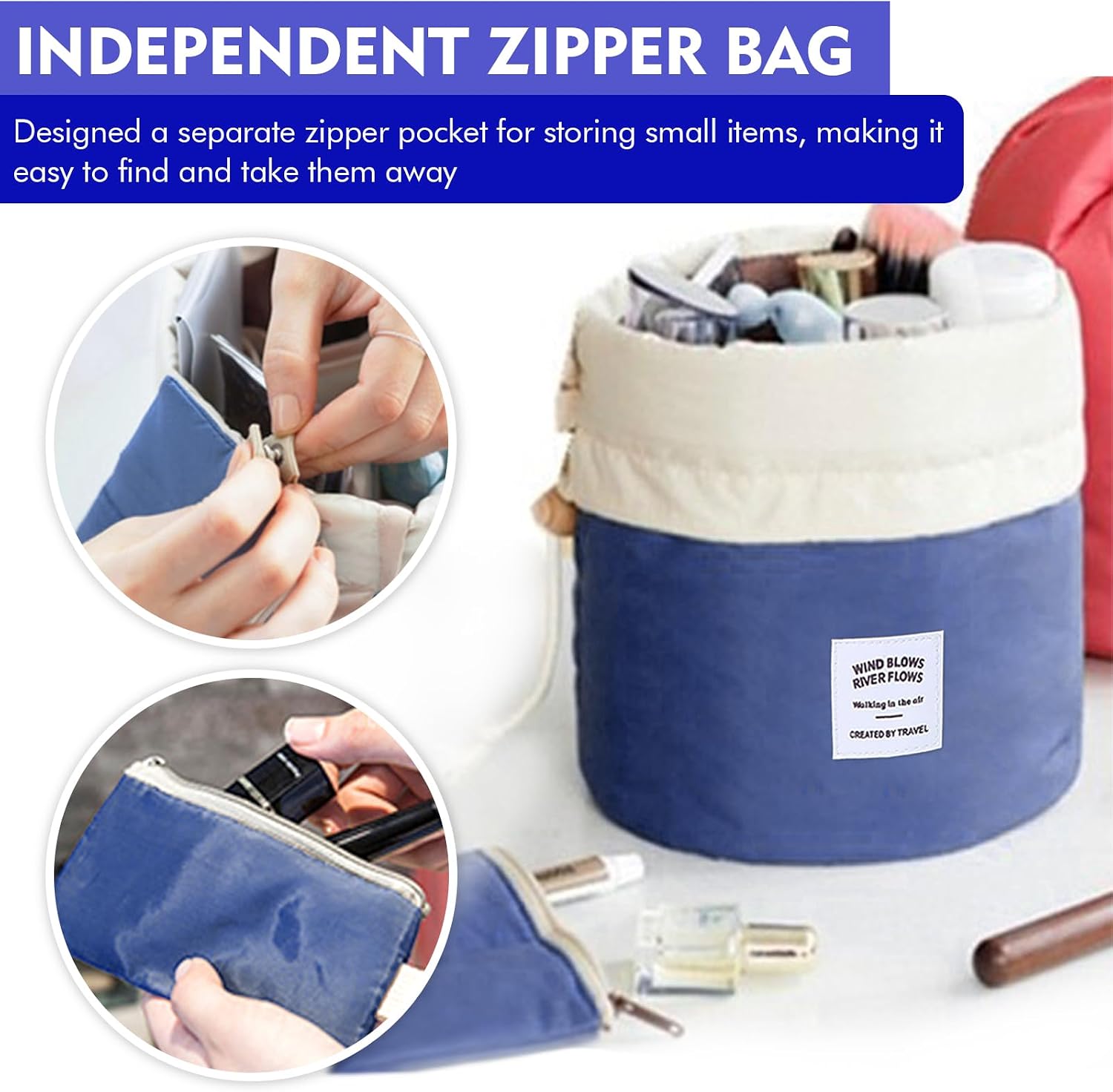 Travel Cosmetic Bag for Women Drawstring Makeup Organizer Bag Travel Toiletry Pouch Large Capacity Barrel Makeup Bag (Blue)