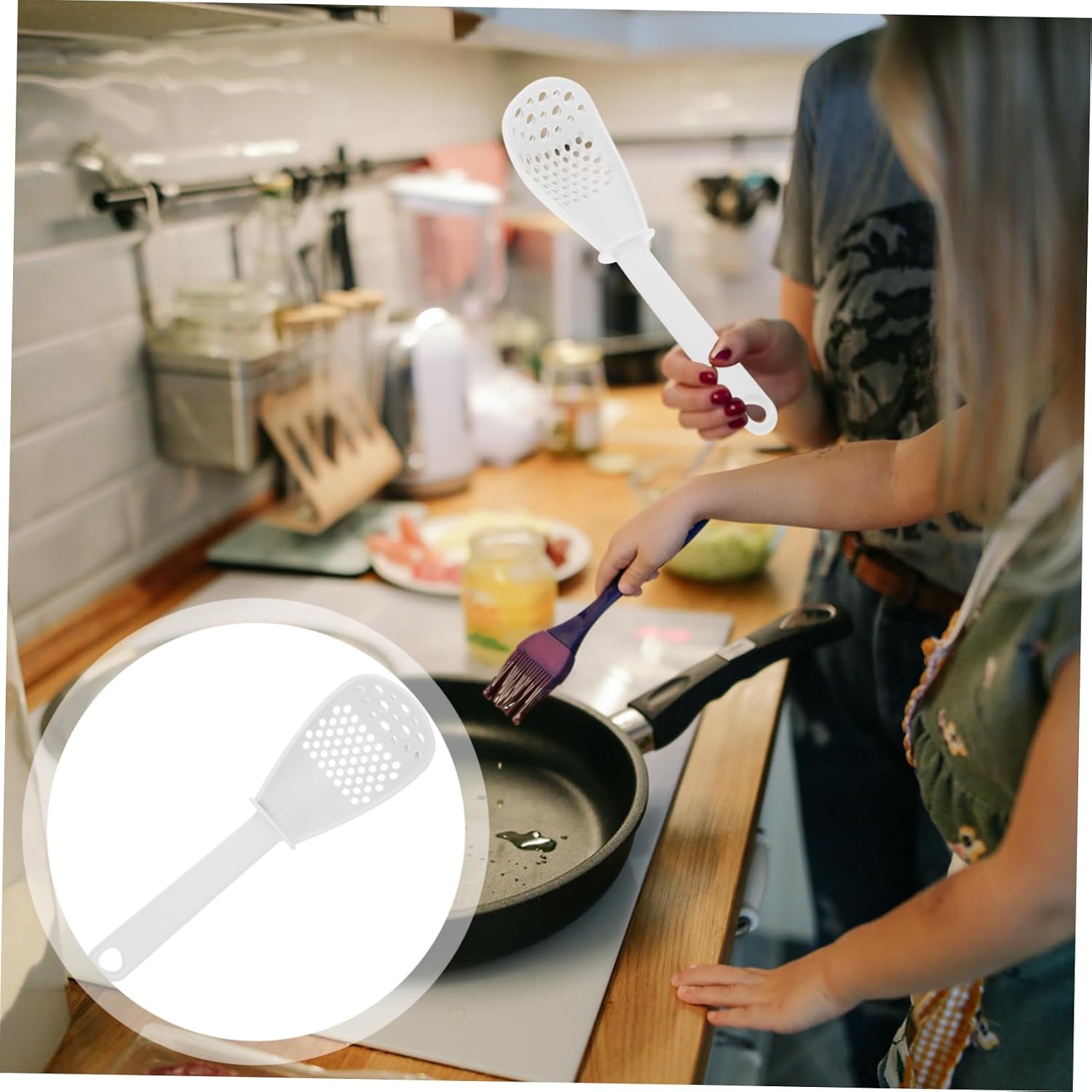 SECFOU Multi-functional Kitchen Spoon for Draining Mashing White Cooking Tool for Ginger Garlic and Noodles Easy to Clean Dishwasher for Everyday Use