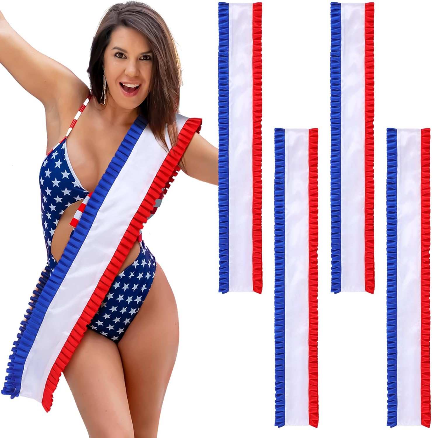 Newcotte 4 Pack Blank Cowboy Sash with Red White & Blue Frills, DIY Sublimation Custom Patriotic Sash for Women Pageant, Birthday, Citizenship, Patriotic Party, 4th of July & 250th Anniversary