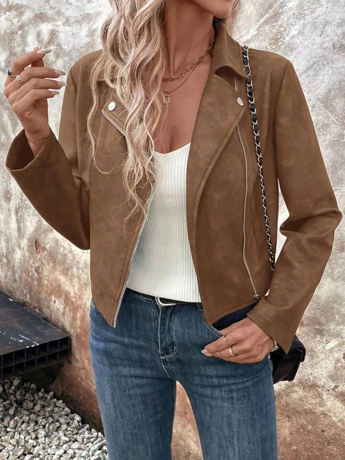 Women's Zip Up Suede Cropped Moto Jacket with Pockets Premium Fashion Outerwear Durable Versatile Everyday Chic Trendy