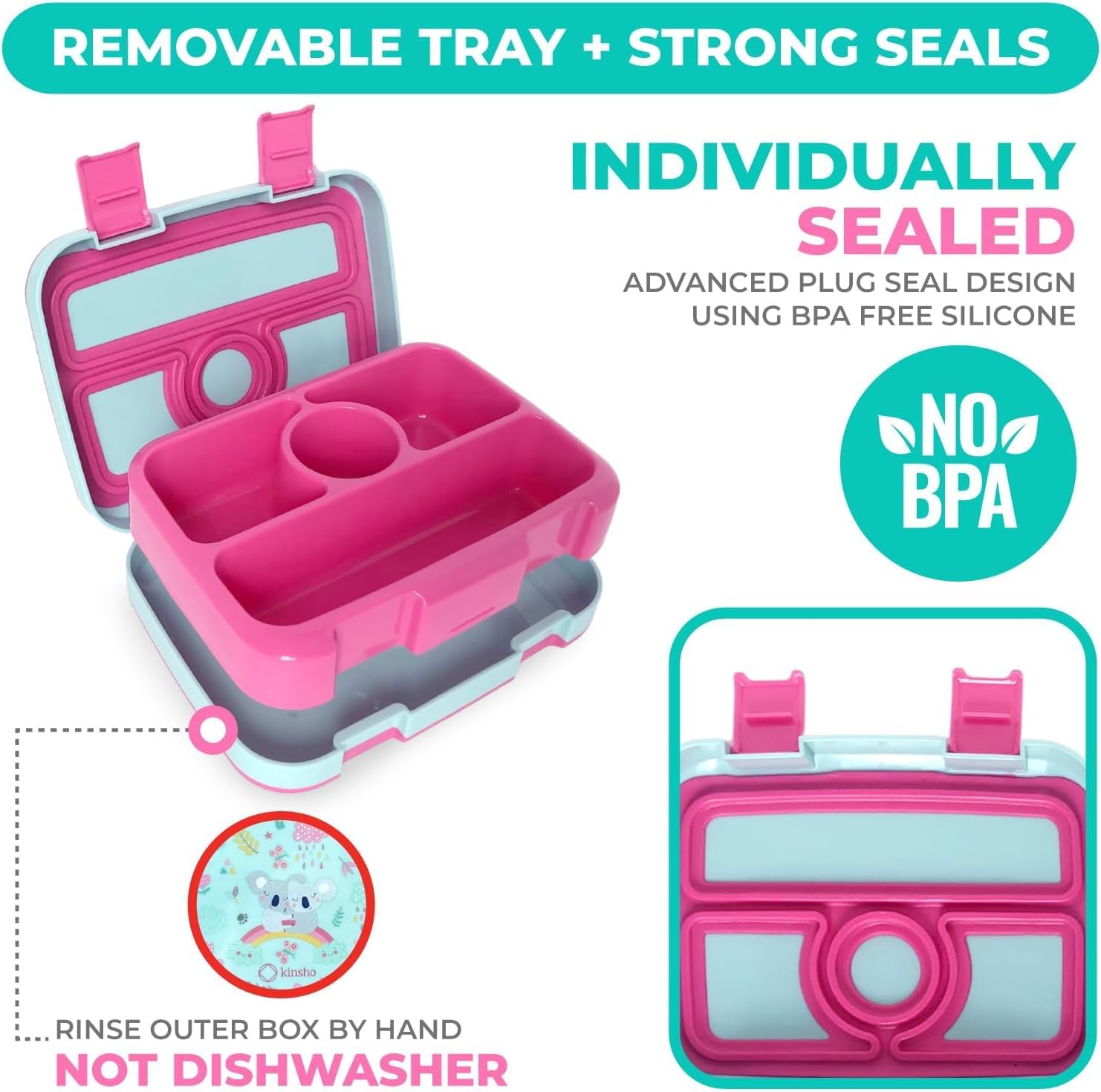 kinsho Bento Lunch Box for Kids Toddlers Girls, 4 Portion Sections Secure Lid, Microwave Safe BPA Free Removable Tray, Pre-School Kid Daycare Lunches Snack Container Ages 3 to 5, Pink Koala - Image 4
