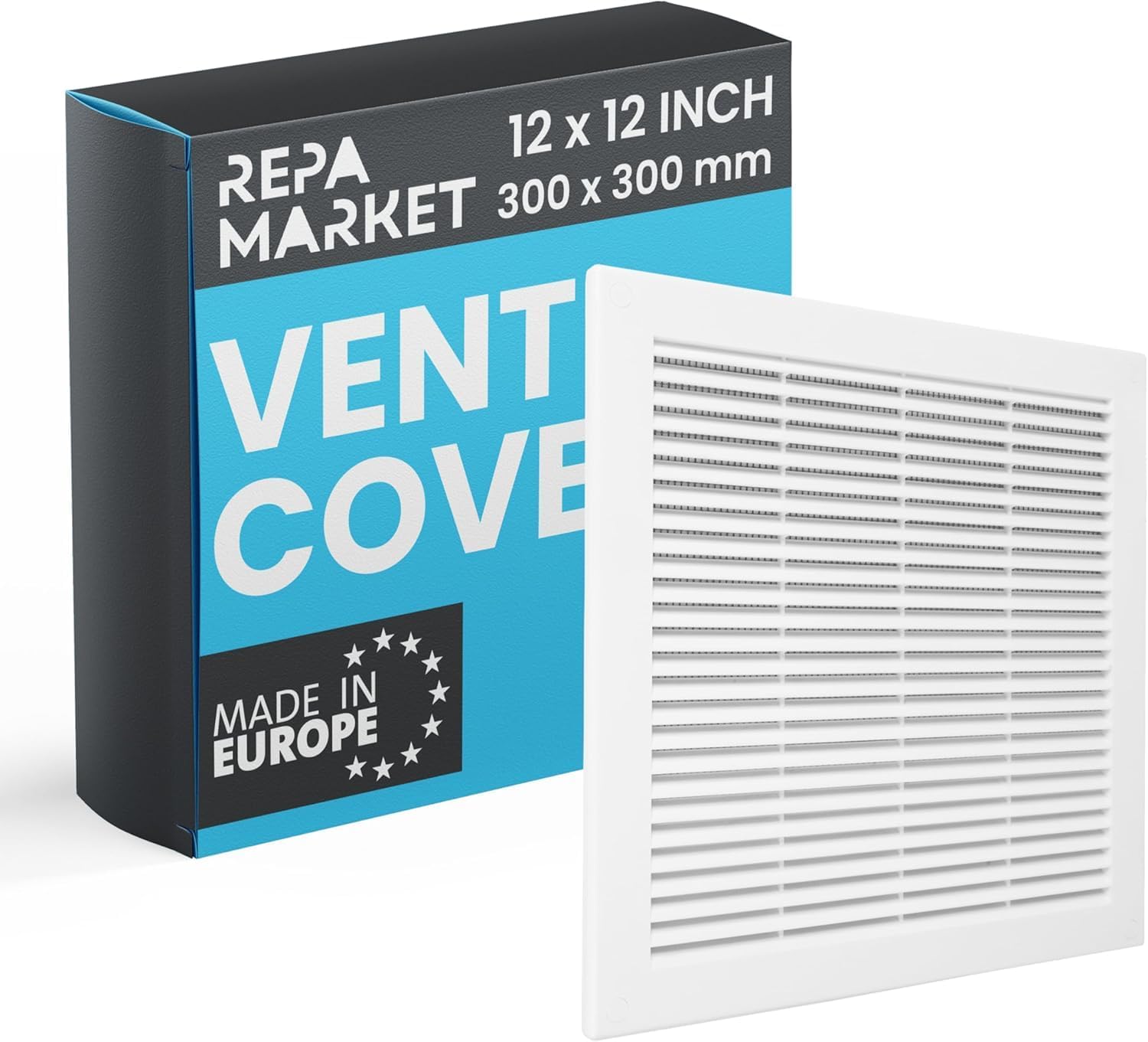 Repa Market 12 x 12 Inch (Outer) White Square Air Vent Cover - Plastic Fresh Air Intake Vent - AC Cover with Nylon Mesh Screen, Wall, Ceiling HVAC Return Air Register, Modern Soffit Vents