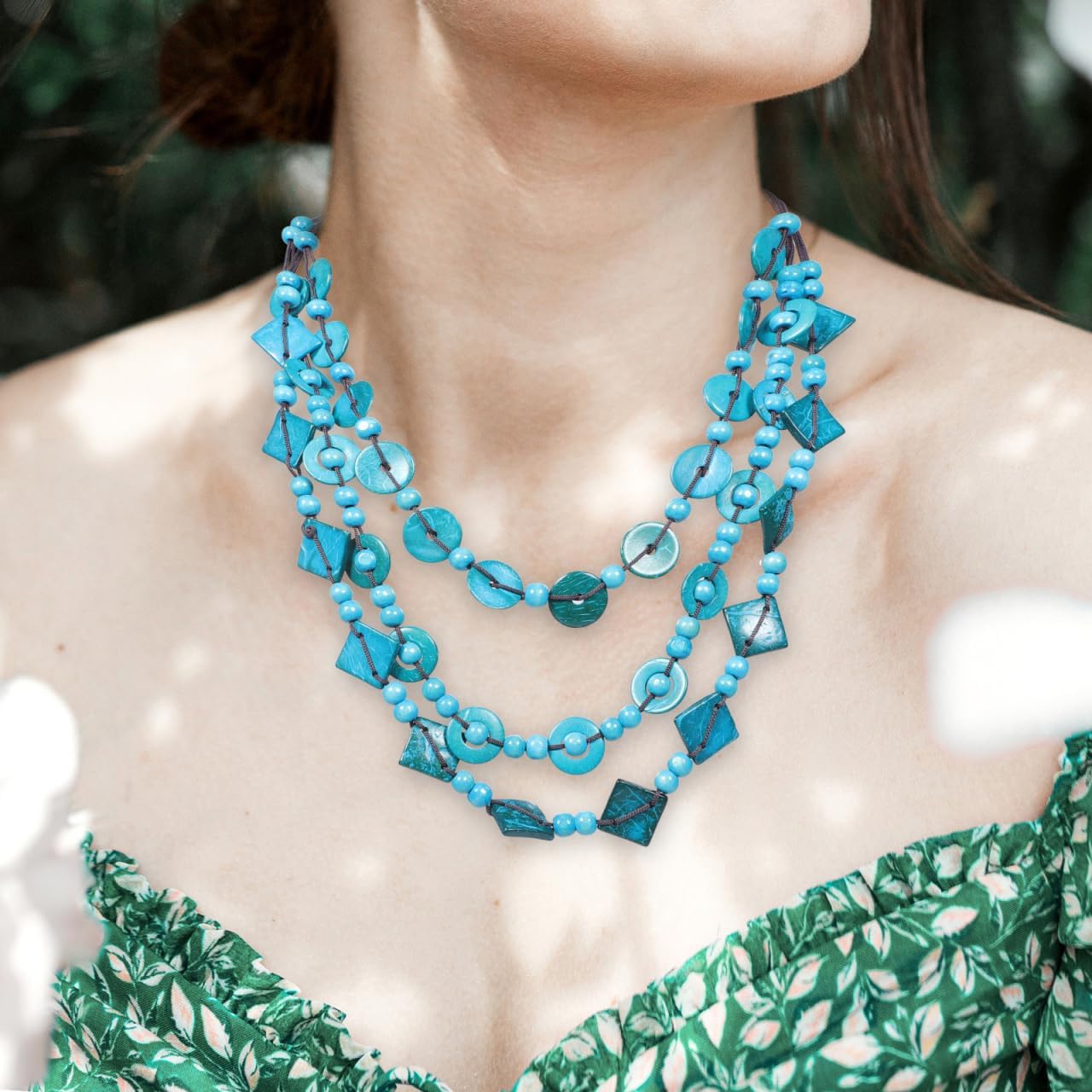 Chunky Necklace Bohemian Shell Necklace Wood Bead Statement Collar Chunky Layered Handmade Beaded Long for Women (Blue, Random) - Image 2