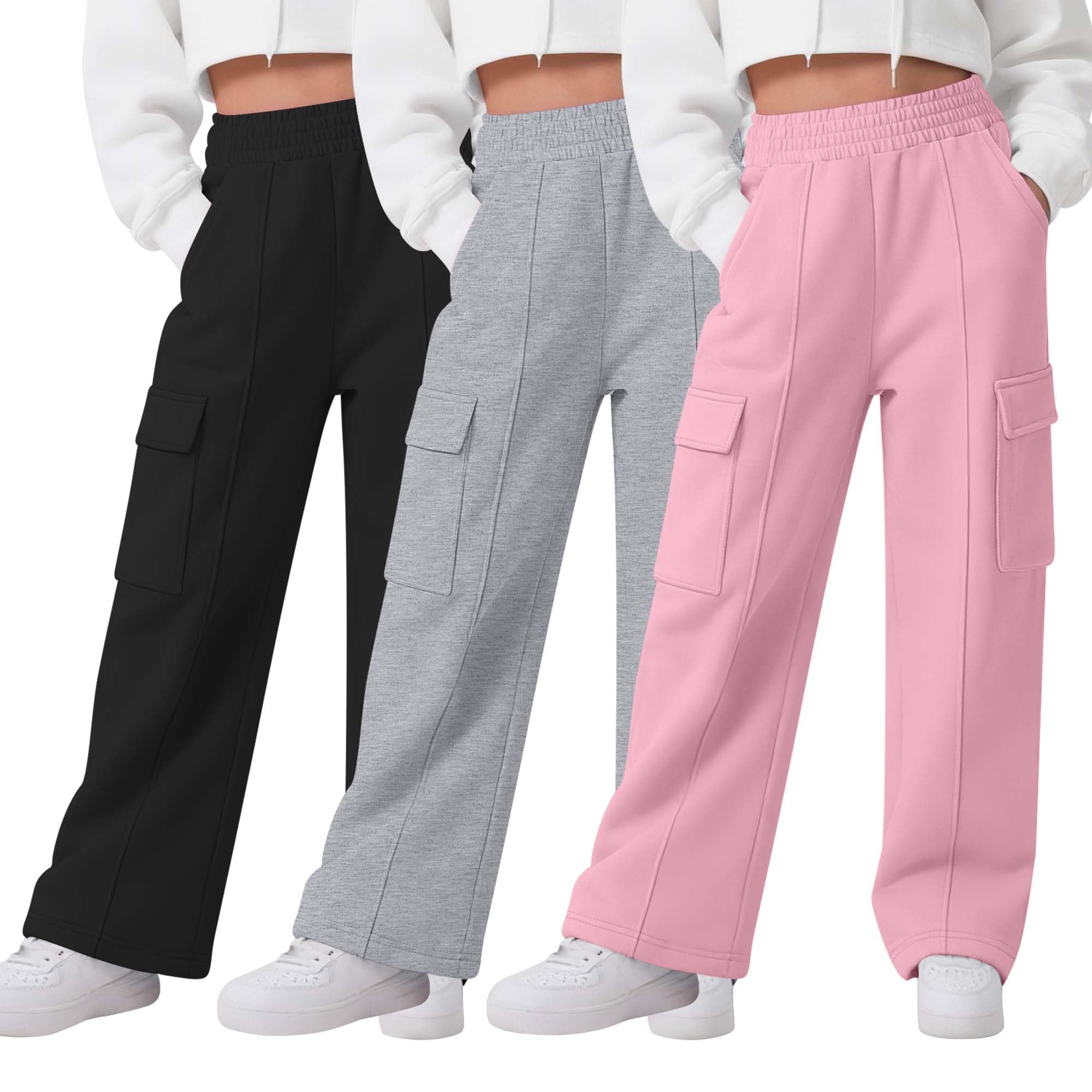 - 3 Pack Girls Wide Leg Sweatpants Cargo Pants High Waisted Baggy Causal Loose Kids Elastic Waistband Pants Joggers