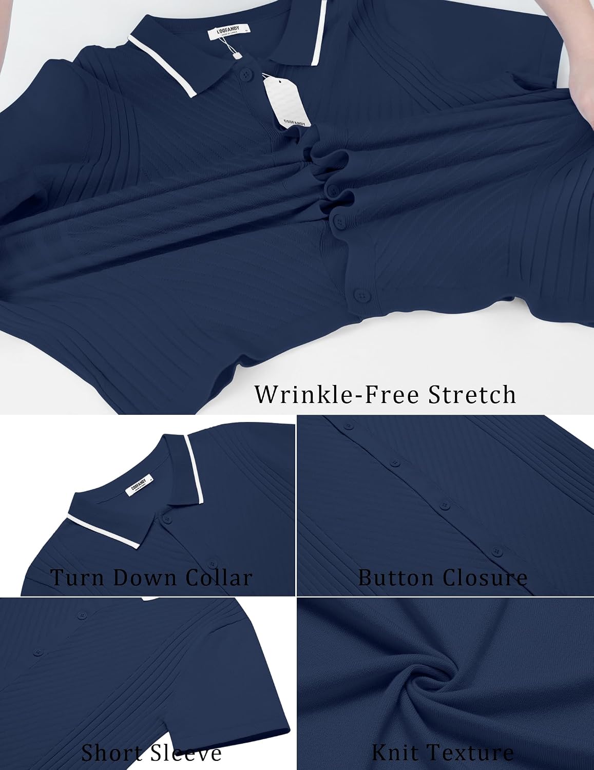 COOFANDY Men's Knit Short Sleeve Button Down Shirt Vintage Polo Shirt Casual Summer Beach Shirts