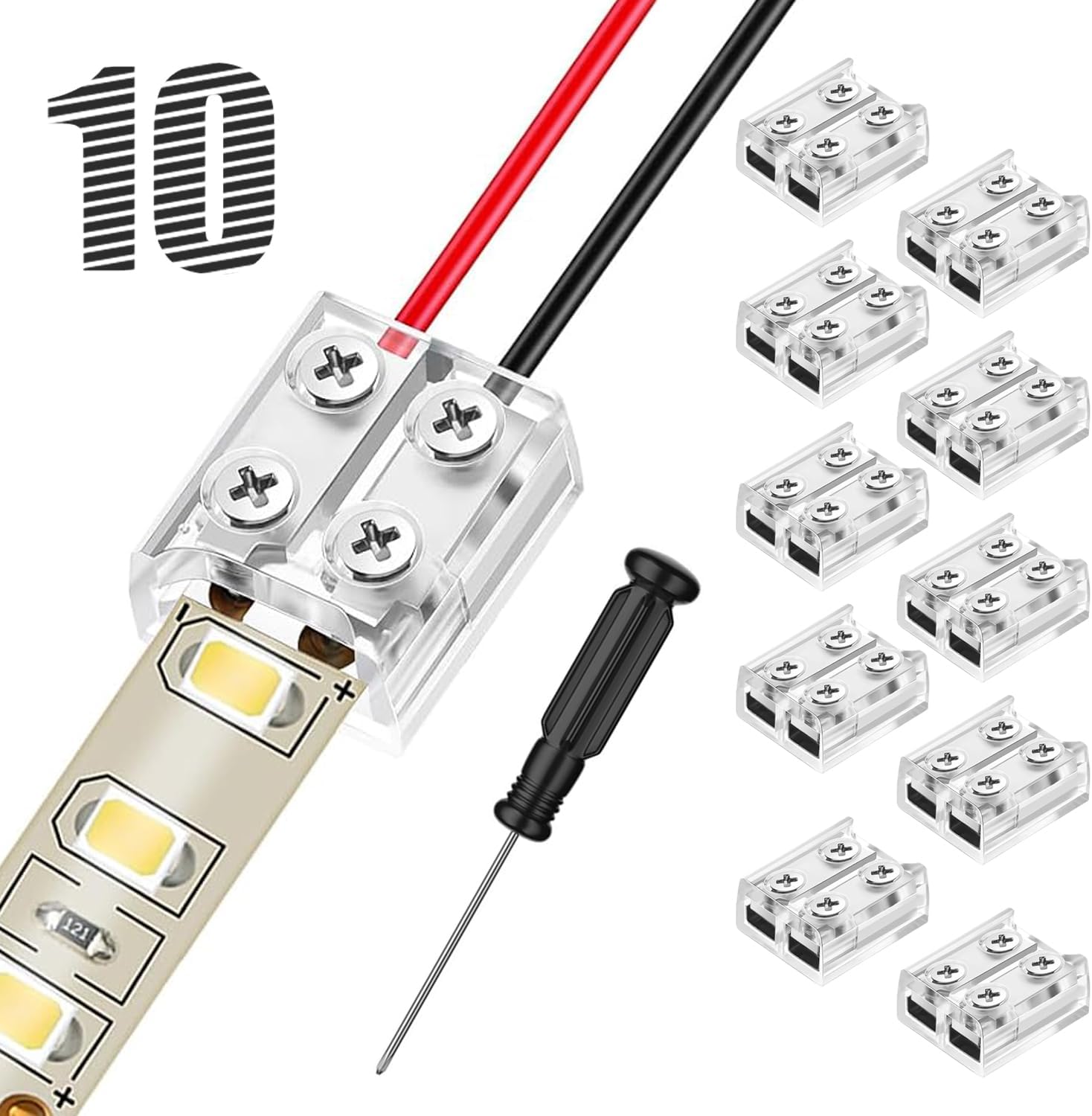 10pcs 2PIN Led Strip Connectors 8MM Solderless Led Tape Lights Connector with Screwdriver, 2PIN 8mm Transparent Led Strip Lights to Low Voltage Single Color Led Light Strips