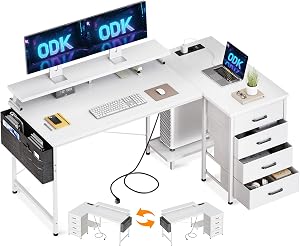 ODK Escritorio Esquinero con 4 Cajones de Tela, 140x80cm Escritorio en L Reversible con 2 Puertos de Carga USB y 2 Enchufes, Mesa en L con Estante para Monitor para Oficina en Casa, Blanco