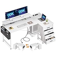 ODK Scrivania Angolare con 4 Cassetti, 140x80cm Scrivania ad Angolo Reversibile con Prese