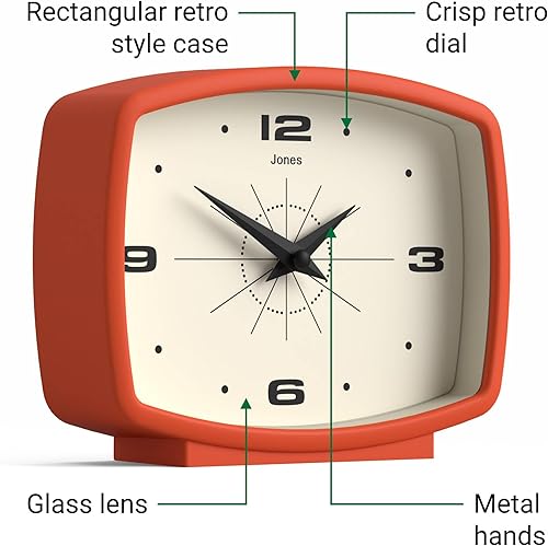 Miniatura 6 de JONES CLOCKS Reloj de escritorio de película Diseño rectangular retro Naranja Diseño retro, mezcla estilo de mediados de siglo con un acabado