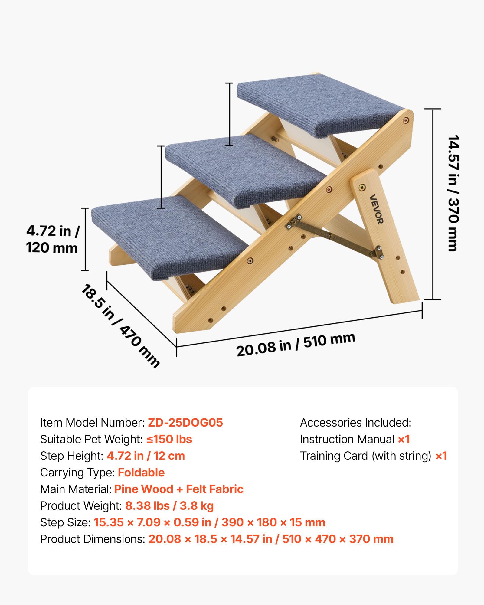 VEVOR Hundetreppe 510x470x370 mm, 3-stufige Hautiertreppe, klappbare Holztreppe geeignet für kleine, mittlere, große, ältere Haustiere sowie Welpen bis 68 kg, Hundeleiter für Betten, Sofas & Autos