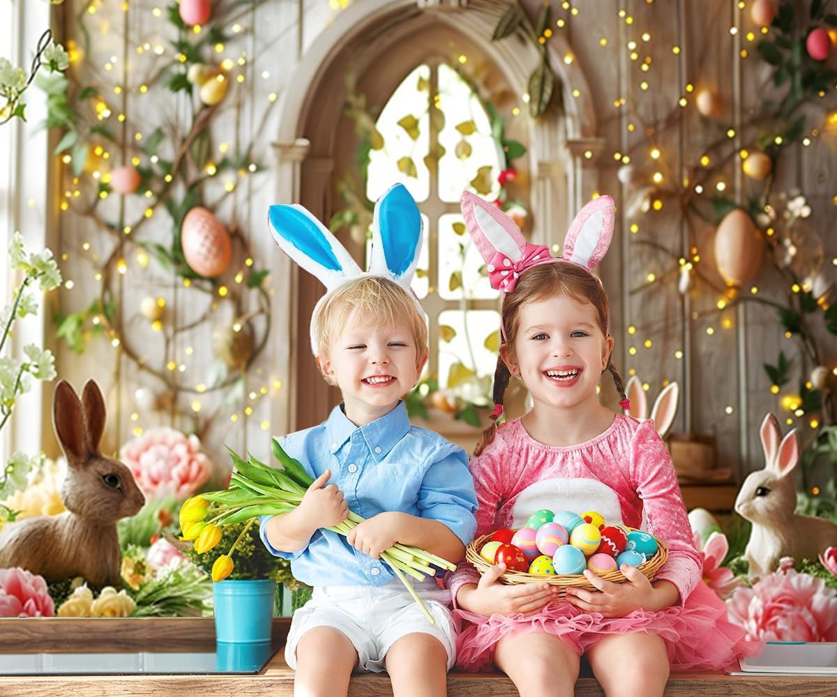 12x8ft Easter Backdrop Spring Glitter Wooden House Bunny Floral Easter Photography Backdrops Outdoor Party Decorations Baby Shower Birthday Photo Background Photo Studio Props
