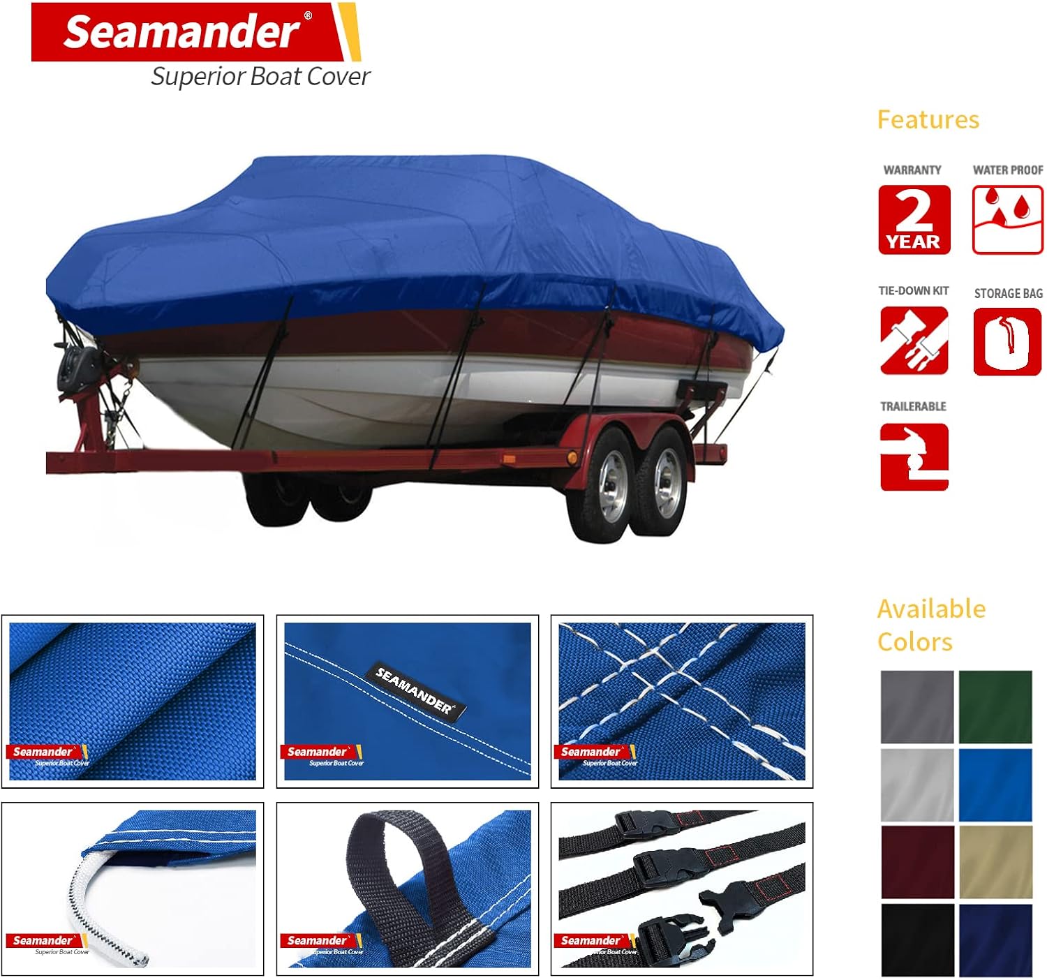 Seamander Waterproof Boat Cover, Solution-Dyed Yarn Marine Grade Cover Fits 20' to 22' ft Bass, V-Hull, Tri-Hull, Fish & Ski, Runabout Bowrider Boats - Heavy Duty Canvas Pacific Blue