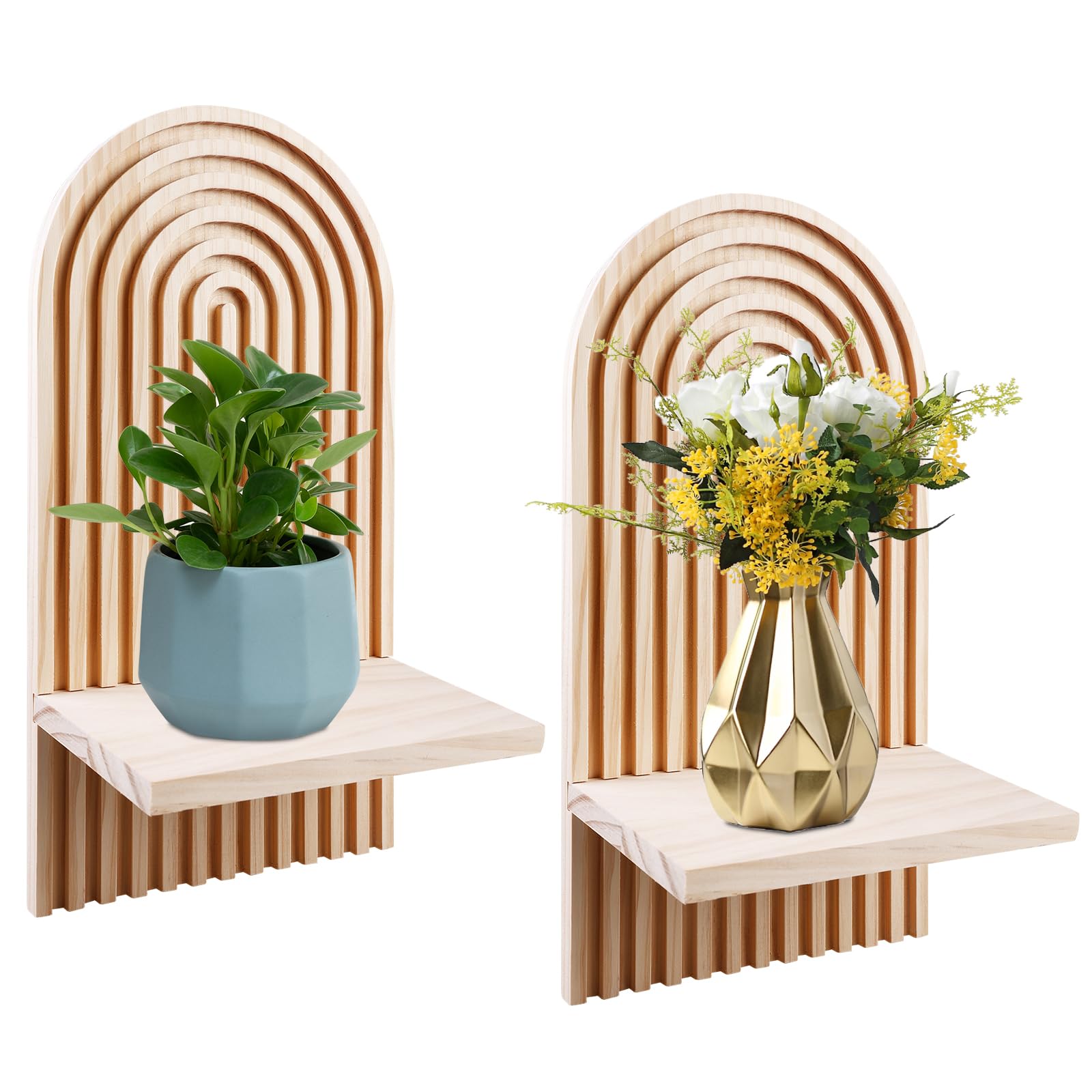 WIYETY 2 juegos de soportes de pared de madera boho, decoración de pared de madera bohemia, estantería flotante pequeña, estantería flotante de madera, estantes de pared de arco iris, decoración para