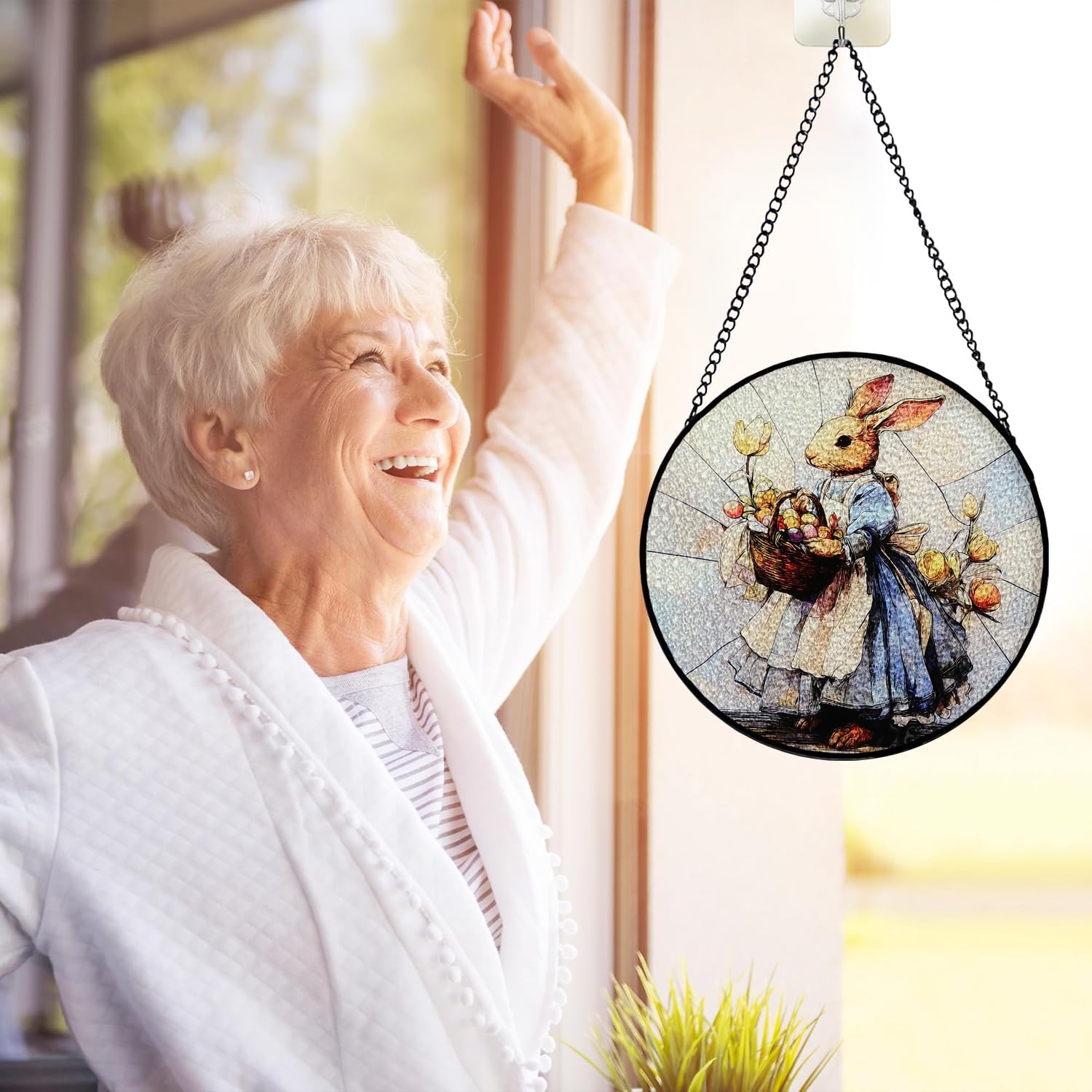 7.88'' Stained Glass Window Hanging, Colorful Egg Rabbit Sun Catchers Glass Panel Bunny Suncatcher Decor with Hook Chain for Mother's Day Birthday for Women, Men, Wife, Aunt, and Mom