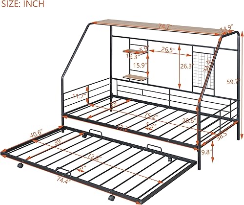 Miniatura 138 de Cama de casa de tamaño individual con diseño de valla y techo, marco de cama de metal, marco de cama de piso doble, base de cama Montessori de Color