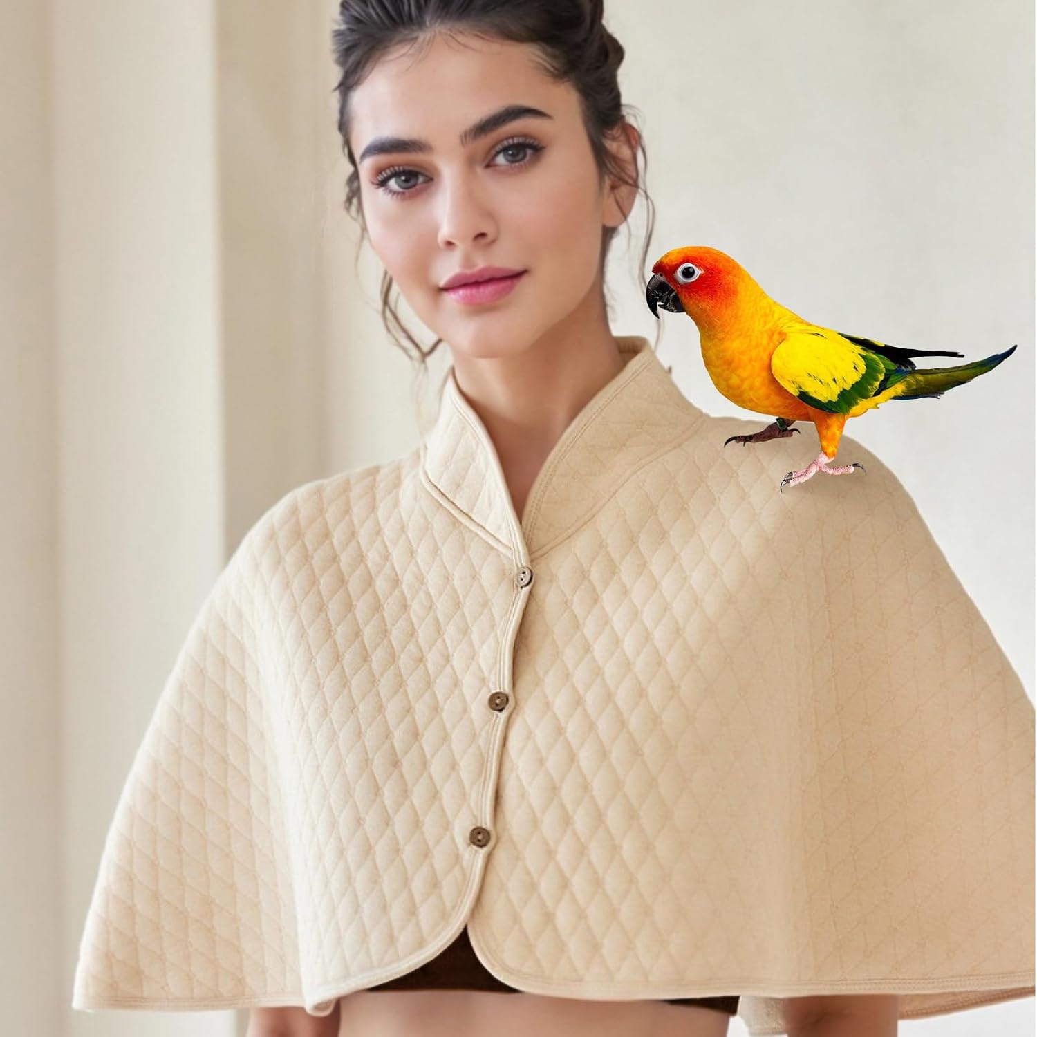 Parrot Anti-Scratch Shoulder Protector - Reusable Bird Diaper & Soft Bird Cape for Macaws, Cockatiels, Conures, Parakeets, Lovebirds and Finches - Pet Shoulder Guard (Beige, Large)
