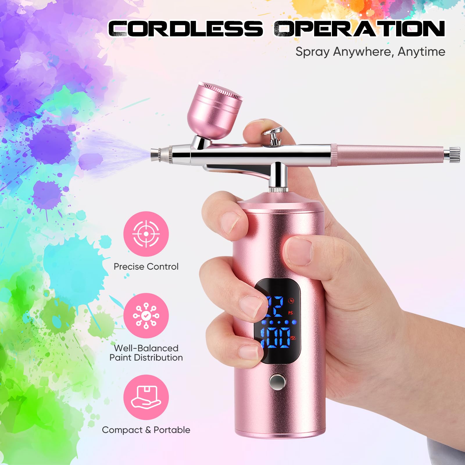 Kit aerografo con compressore, completamente senza fili con batteria, aerografo a 3 livelli fino a 38 PSI per torte, unghie, modellismo e body painting (Rosa)