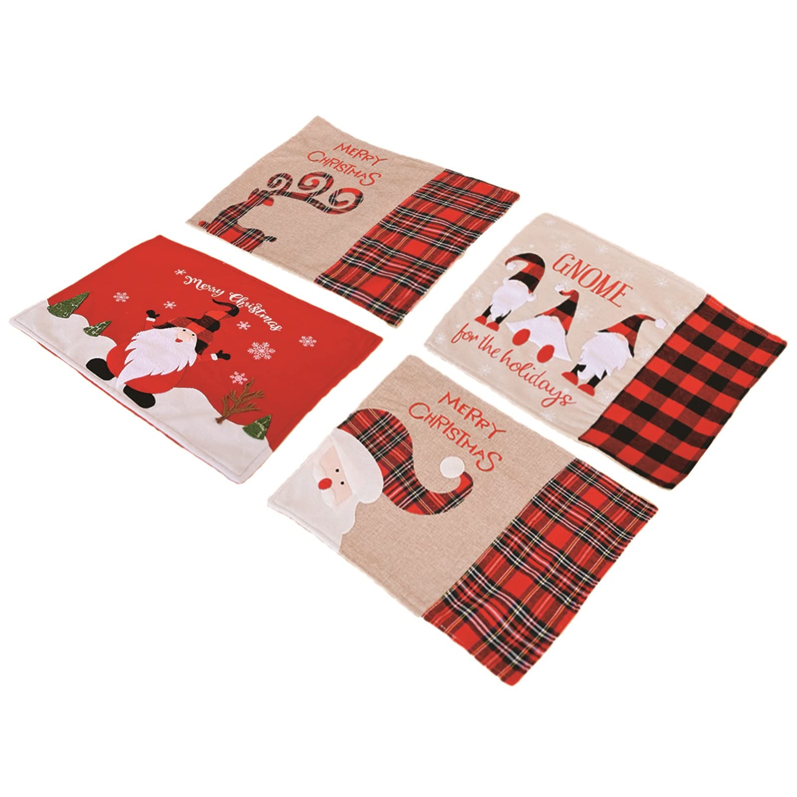 RENRUIRUI- Set De 4 Sets De Table De Noël, Avec Motif Buffalo Check, Bonhomme De Neige, Père Noël Et Wapiti, Décor De Table À Manger De Vacances De Noël, 18 X 13,4 Po