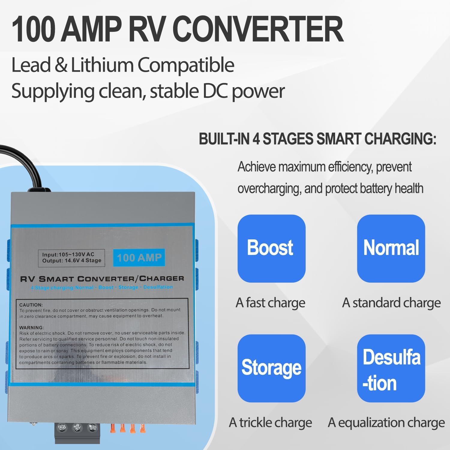 100 Amp RV Converter 120V AC to 12V DC, Lead & Lithium Compatible, 100Amp RV Power Converter Battery Charger with Built-in 4 Stage Smart Charging, Replacement for WF-9800 Series