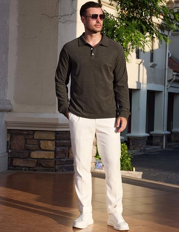Long Sleeve Polo Shirts for Men Classic Button Golf Shirt Casual Collared Thermal Work Pullover Tops