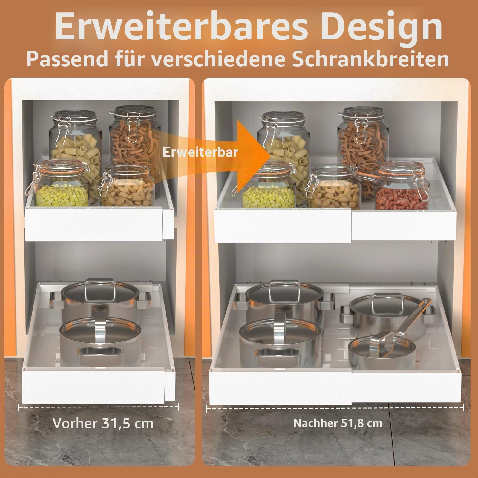 2 Stück erweiterbarer ausziehbarer Schrankorganisator mit Klebefläche, 53 cm tiefe Schubladen für Küchenunterschränke, verstellbare Breite 32 cm-53 cm