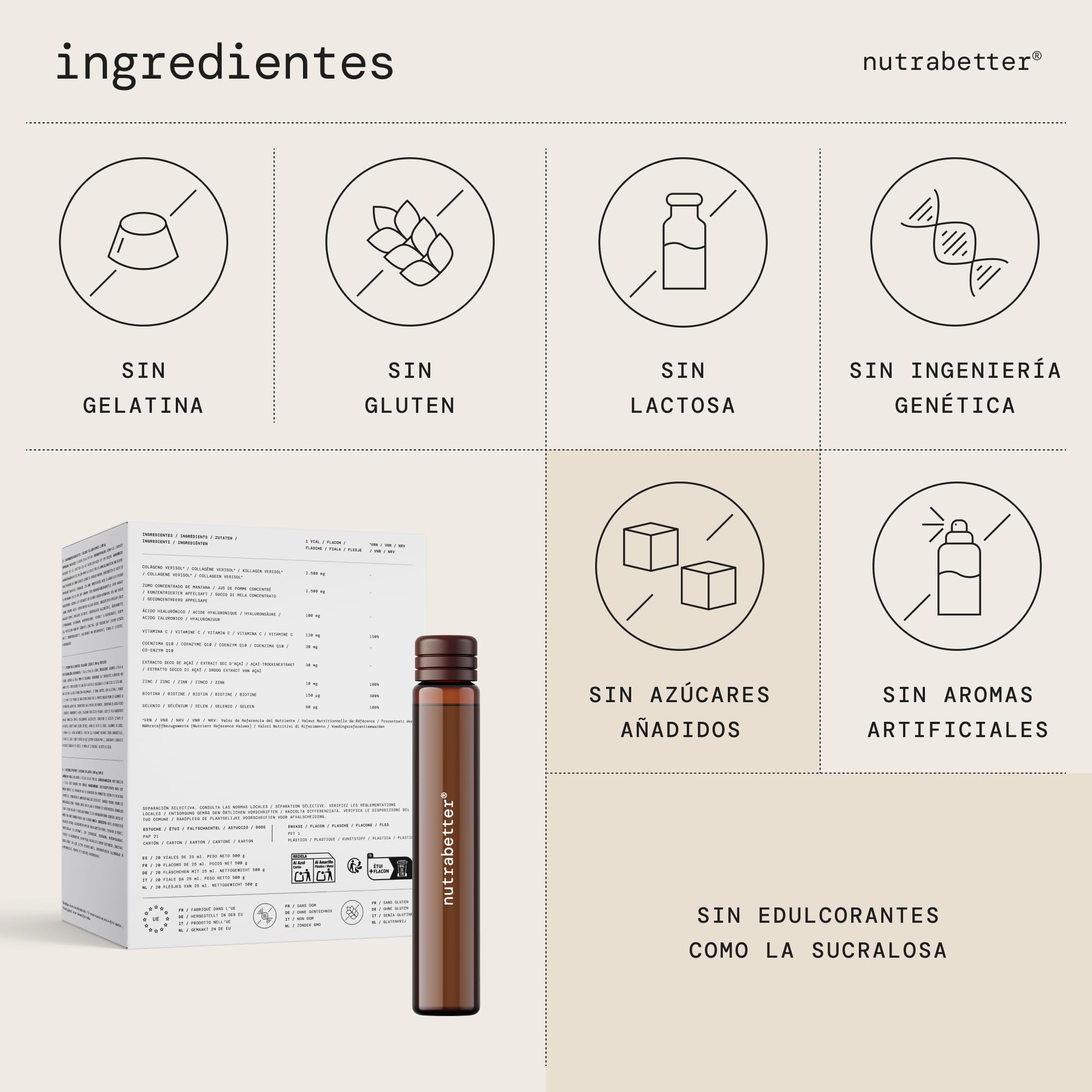 Colágeno Verisol® 2500 mg +Ácido Hialurónico 100 mg +Q10 | Colageno bebible con sabor agradable | + Vitamina C, Biotina, Selenio, Zinc y Acai | Articulaciones, Piel, Cabello y Uñas | nutrabetter®