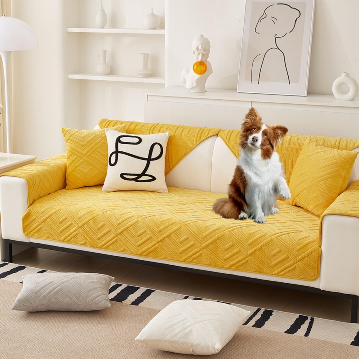 Housse de canapé sectionnelle velours jaune épaisse lavable 2 4 places