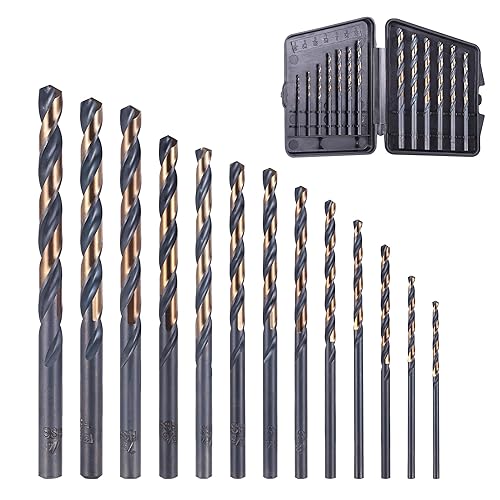 Juego de 13 brocas de cobalto de 116"-14", punta de 135 grados HSS con acabado negro y dorado con estuche de almacenamiento, kit de brocas Twist