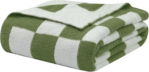 Manta de punto de cuadrícula de ajedrez, suave, acogedora y cálida, manta de microfibra decorativa para sofá, cama, viajes y hogar (verde aguacate,