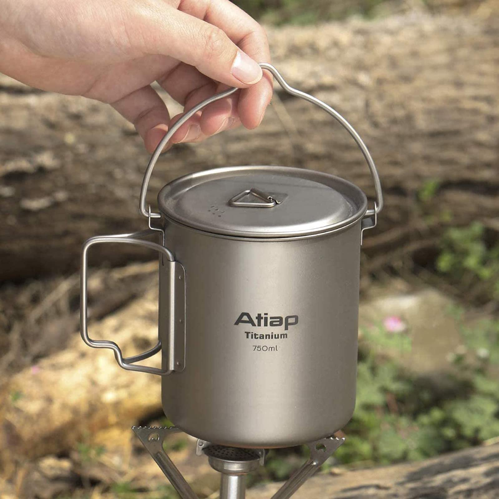 Tazza in titanio da 750 ml con coperchio, manico pieghevole, portatile, leggera, per campeggio all'aperto e picnic (vaso da 750 ml con manico)